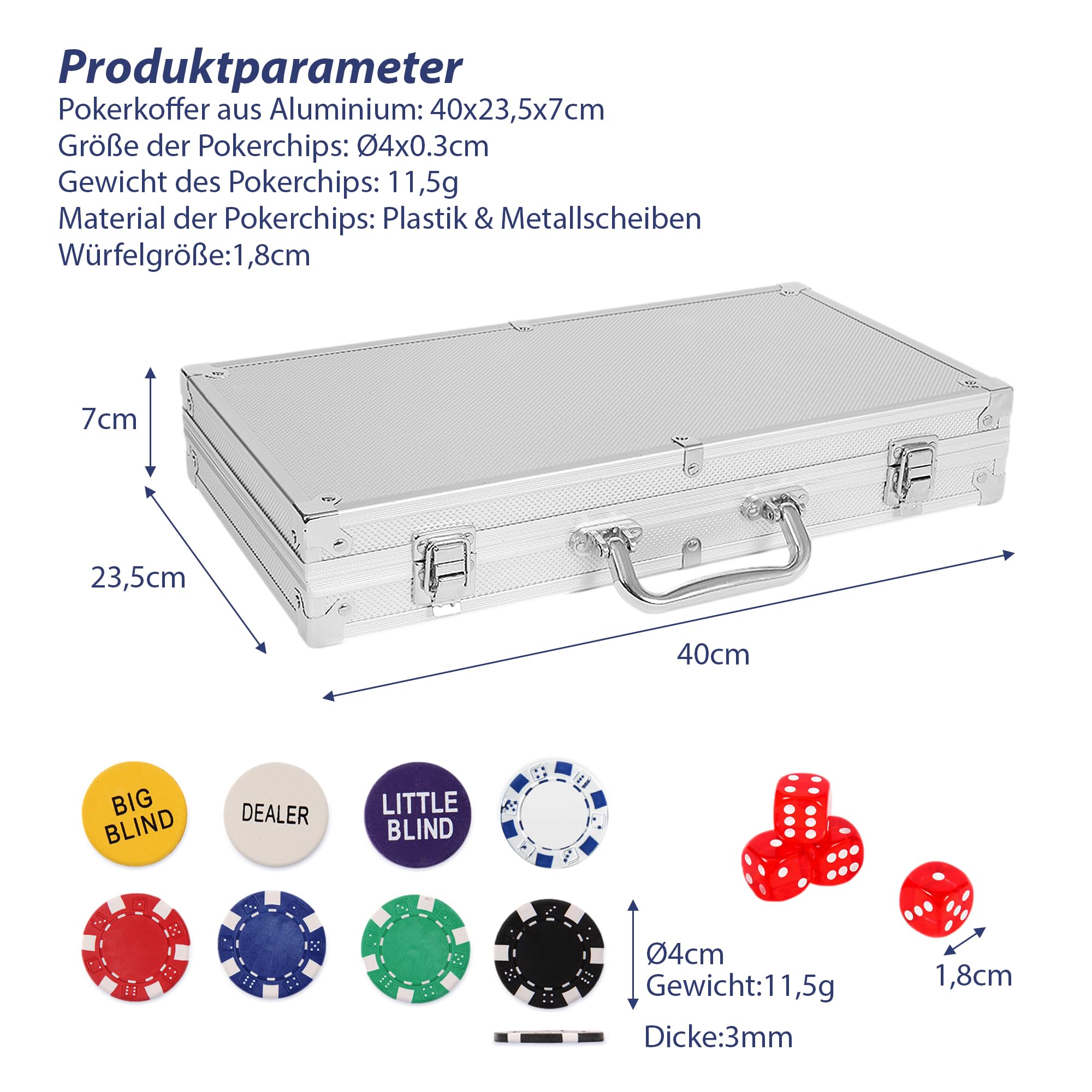 Pokerset inkl. 2X Pokerdecks, 5X Würfel, Dealer/Small Blind/Big Blind Button, Pokerspiel Alu Pokerkoffer mit 300 Chips Laser Pokerchips Set, Kartenspiele Aluminium Kasino Silber