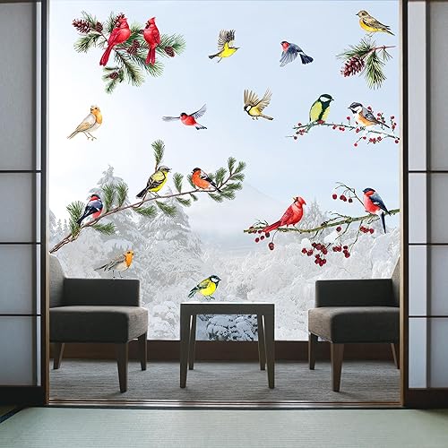 Miniatura 6 de 9 hojas de calcomanías de invierno para ventana, ramas de pájaros, decoración de pino cardenal de Navidad, calcomanías de ventana de doble cara para
