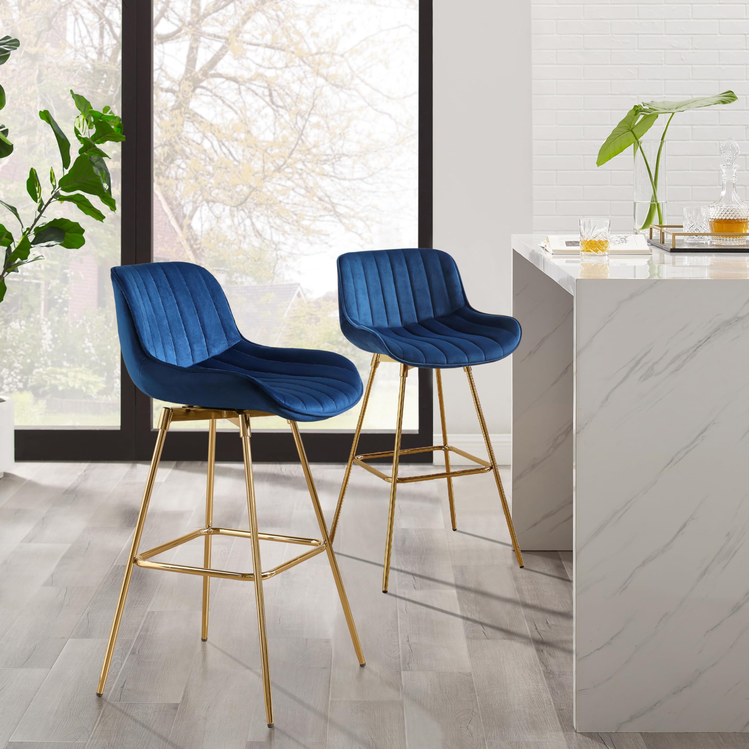 Zouron Swivel Bar Stools Set of 2 for Kitchen, 29" Bar Height Chairs with Back Tall Barstools Velvet Kitchen Island Stools with Gold-Plated Metal Legs