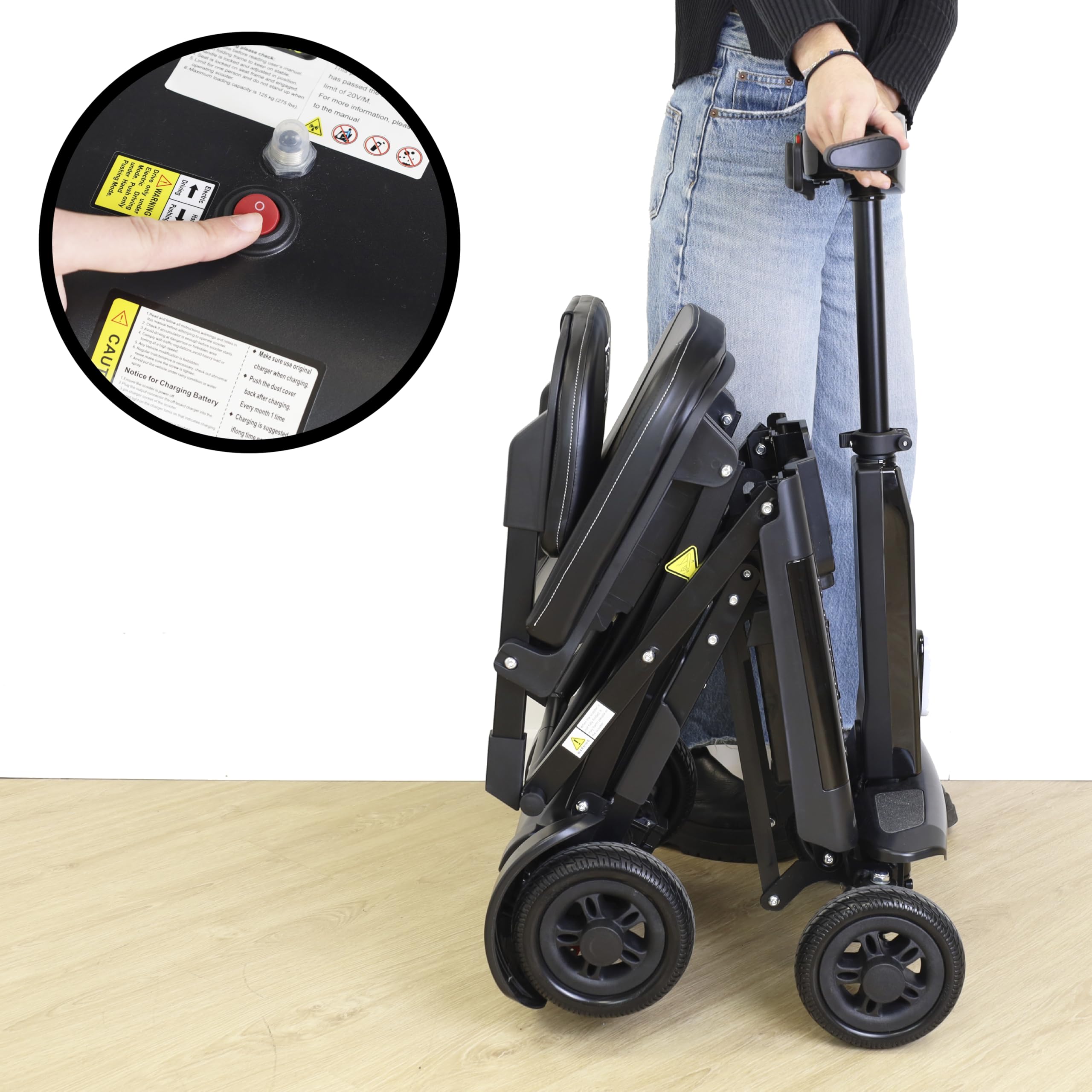 PEPE Mobility Scooter Eléctrico Plegable, Batería 10Ah, 4 Ruedas, Negro | Autonomía de 10 a 15 km, Litio Extraíble de 24V con 2 Llaves, Manillar Regulable, Asiento Acolchado, Luz LED y Claxon