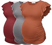 Ekouaer Women's Maternity Shirts 3 Packs Flying Short Sleeve Pregnancy Tops Side Ruched Tunic Blouse Mama Clothes S-XXL