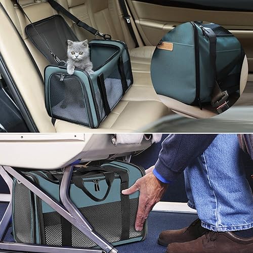 Vista 5 de X-zone Pet - Transportador de mascotas aprobado por aerolíneas, suave cara, plegable, transportador de viaje para mascotas y gatos medianos, M, Azul
