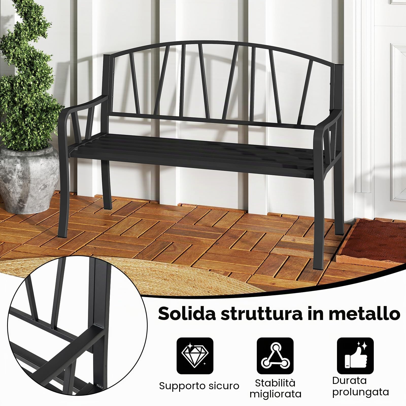 GIANTEX Panca esterna da giardino, seduta a doghe per 2-3 persone, capacità 300 kg, schienale semplice, braccioli curvi, panca da giardino in metallo robusto per terrazza, parco (129 x 53 x 93 cm)