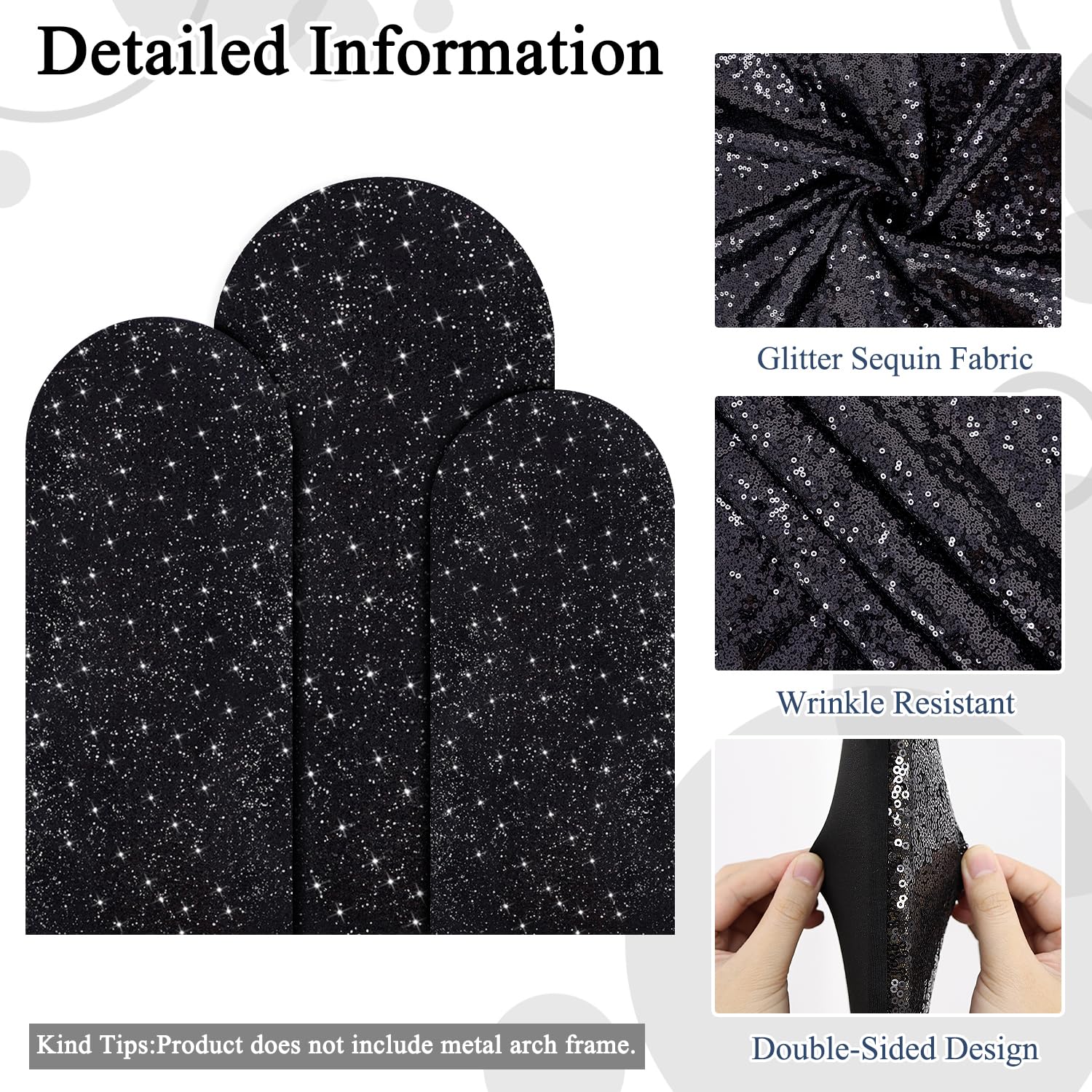 FOTSHARER Set Of 3 Black Spandex Wedding Arch Covers - 4FT, 5FT, 6FT Sizes, 2-Sided