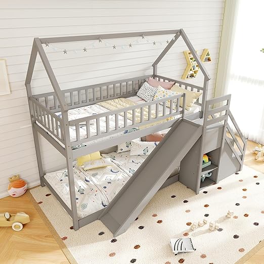 Giantex House Bunk Bed Twin Over Twin with Slide & Stairs, Wood Bunk Bed with Storage Shelves, No Box Spring Needed, Twin Floor Bed for Kids Teens Boys Girls (Grey)
