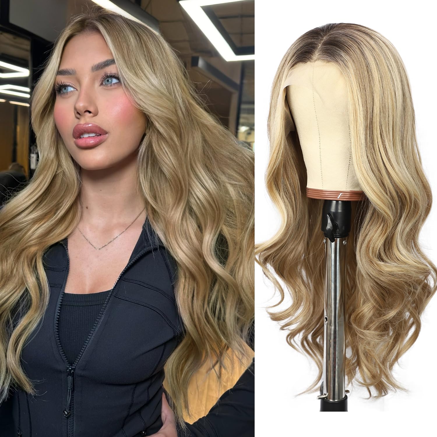 SOMIARIK 13x4 Lace Front Short Wavy Dark Blonde With Dark Roots Wigs Balayage Synthetic Lace Front Wigs Pre Plucked with Baby Hair 150% Density Party Date Daily Wear 22 Inch