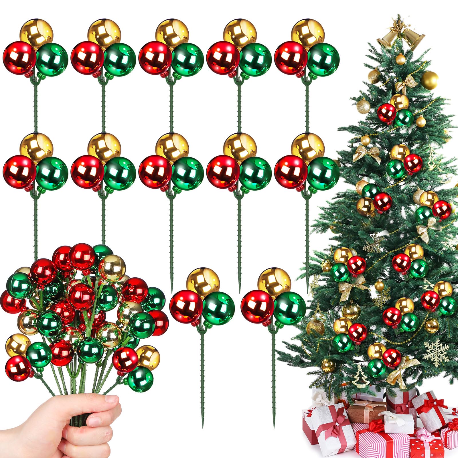Syhood 12 Set 7.9 Inch Christmas Ball Ornaments on Wired Picks Shatterproof Xmas Ball Picks for Christmas Tree Vase Wreath Stairs Garland Decoration Supplies(Red,Green,Gold,Plastic)