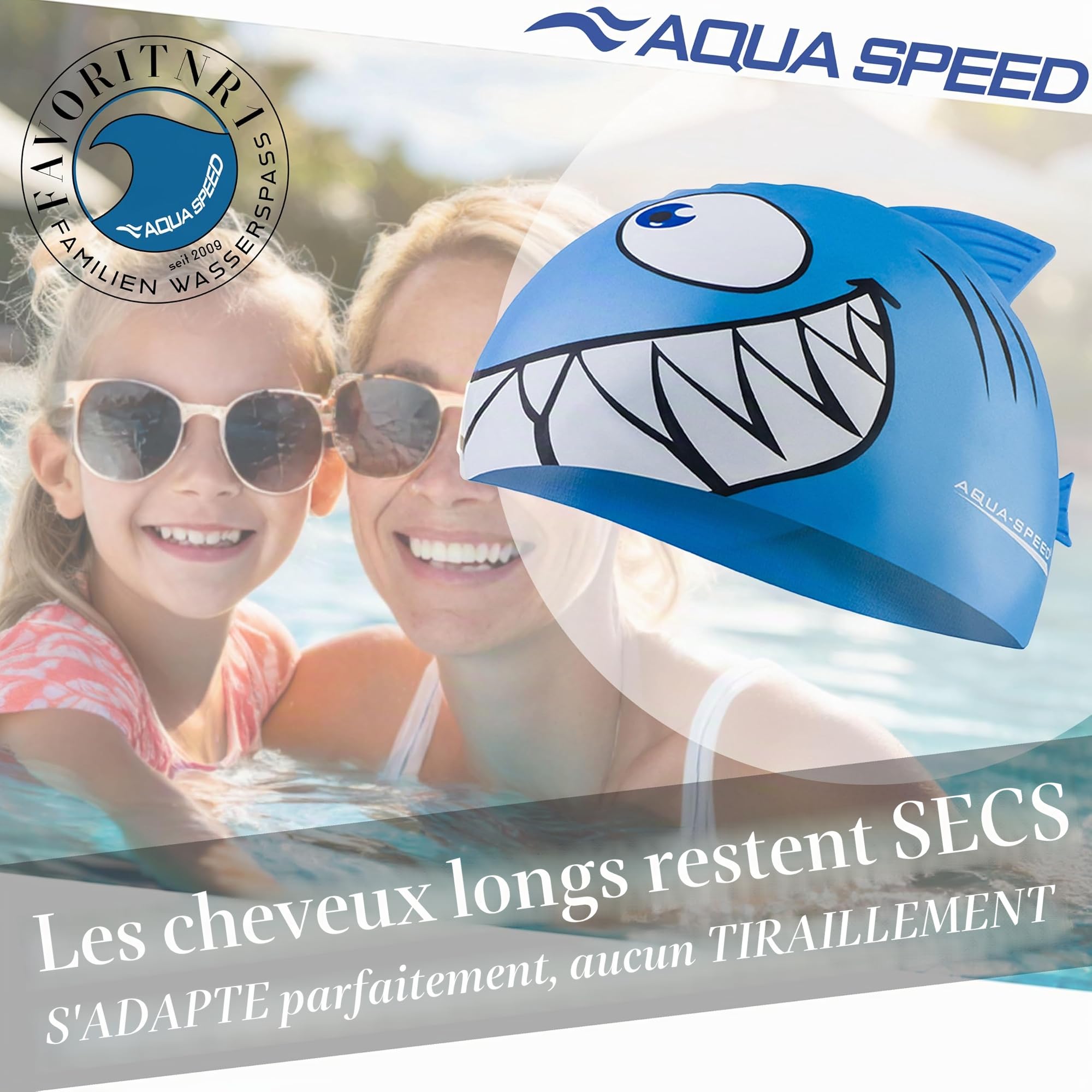 Aqua-Speed - Shark Bonnet de Bain pour Enfants | Silicone | Natation | Flexible | Requin