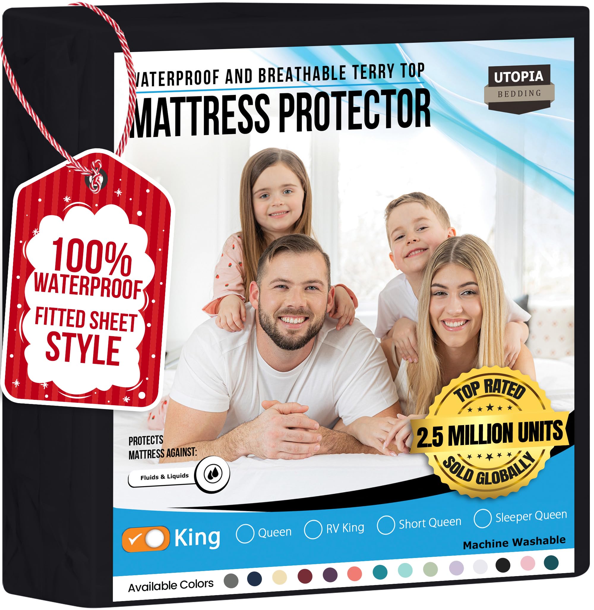 Utopia Bedding Waterproof Mattress Protector King Size, Premium 200 GSM Terry Mattress Cover, Soft & Breathable Bed Cover, Fitted Sheet Style with Stretchable Deep Pockets 17" (Black)