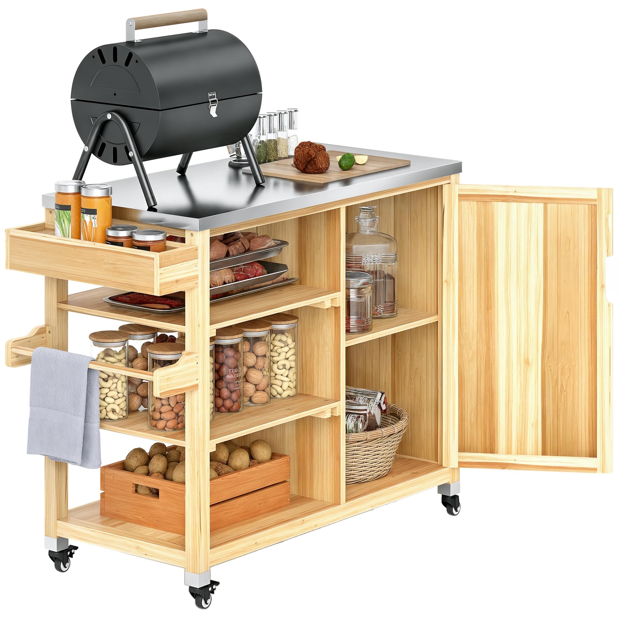Outsunny Carrito de Parrilla Carrito de Barbacoa con 4 Ruedas Carro de Servicio de Madera Encimera de Acero Inoxidable Toallero y Especiero Estantes Armario para Patio Jardín 134,5x50x91,5 cm Natural