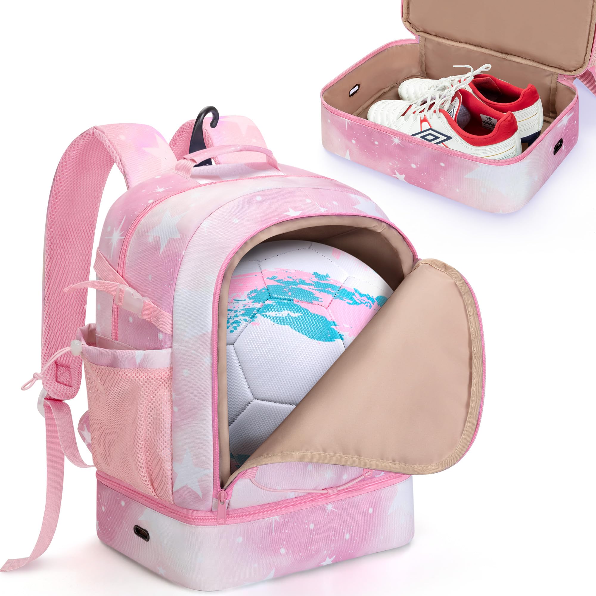 Soccer Bags for Girls with Separate Ball Pocket and Shoe Compartment, Sports Backpack for Soccer, Basketball, Volleyball, Pink-image-49