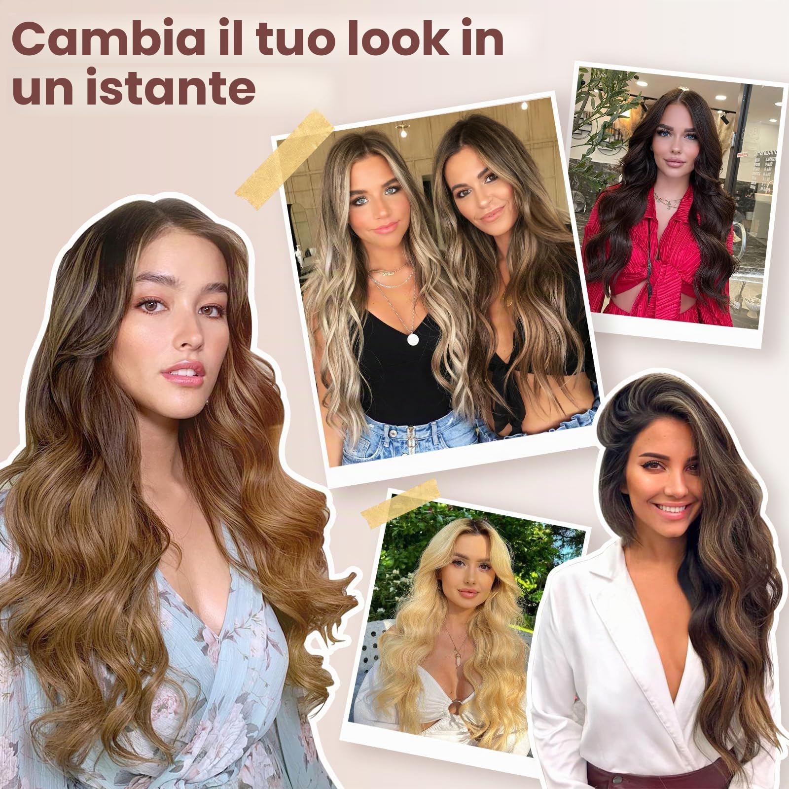 FESHFEN Extension Capelli a Clip - 4PCS Marrone Scuro Lunga Clip in Capelli Estensioni Clip Ondulati Sintetici Posticci Capelli per Donna 50 cm
