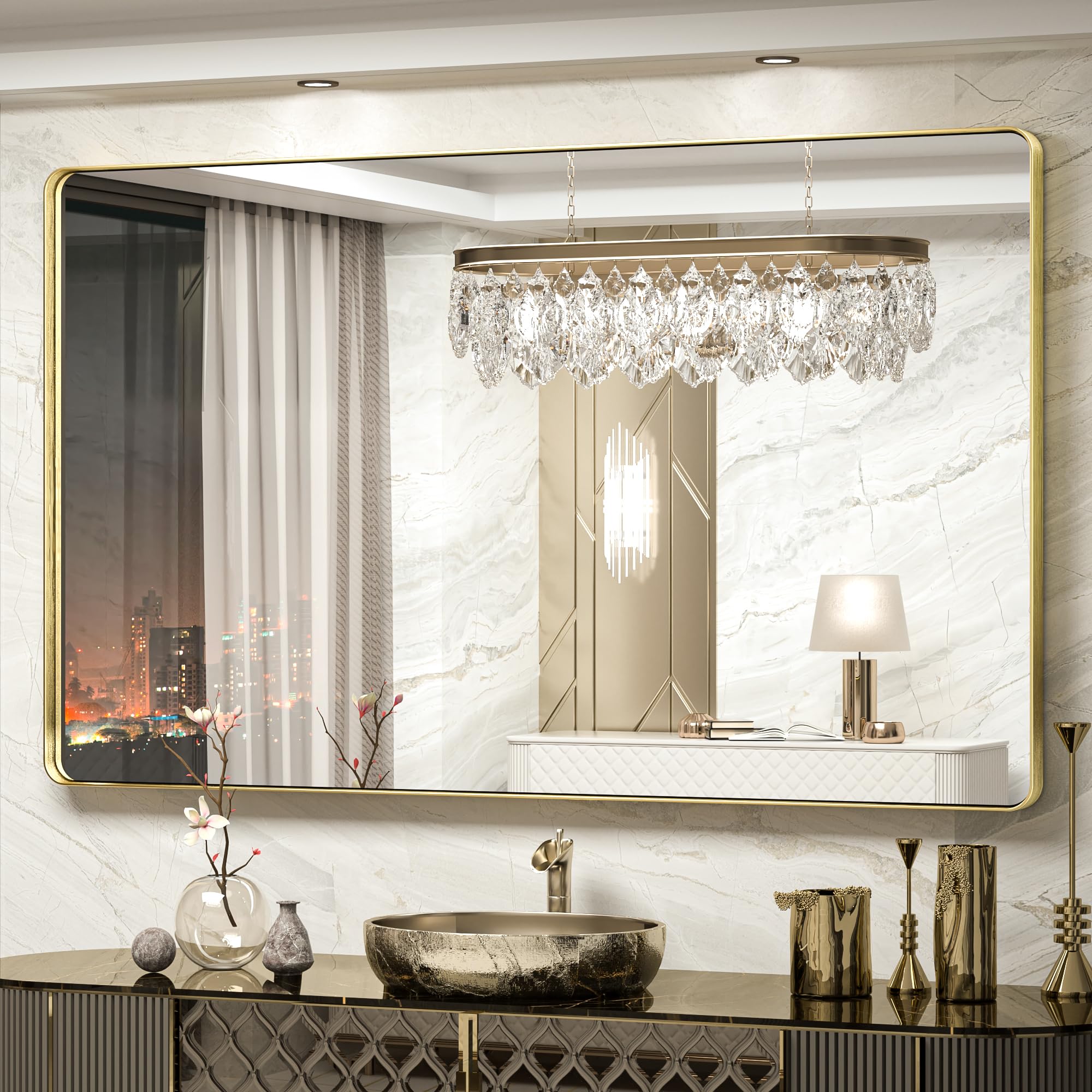 TokeShimi 60 x 36 Inch Brushed Gold Bathroom Vanity Mirror for Wall with Non-Rusting Aluminum Alloy Matte Metal Frame for Modern Farmhouse Home Decor (Horizontal/Vertical)