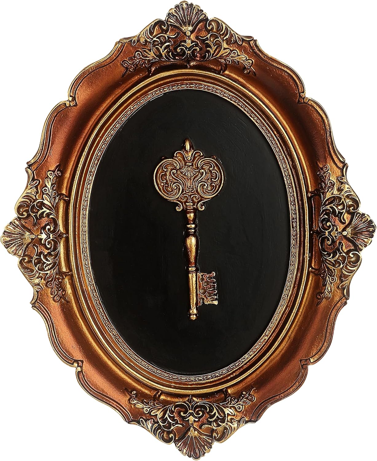 Ornate Vintage Skeleton Key in Bronze Oval Frame -10 x 8 Inch Victorian-Inspired Resin Baroque Style Sculptural Wall Art for Living Room, Bedroom, Gallery Wall or Entryway - Antique Farmhouse & Gothic Home Decor Accent