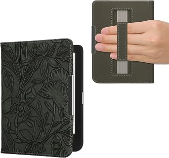 kwmobile Cover for Kobo Clara BW/Colour Case - eReader Cover with hand strap and auto sleep funktion - Embossing Flowers with Green