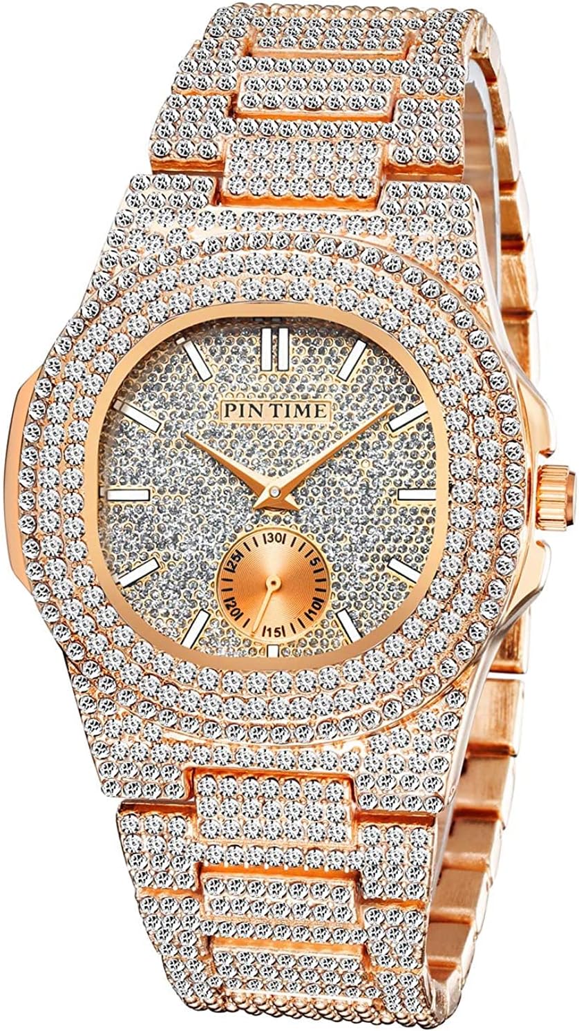 Gosasa Men's/Womens Unisex Crystal Watch Full Bling Iced-Out Cuban Watch Oblong Silver/Gold Wristwatch Hip-Hop Stainless Steel Bracelet Watch
