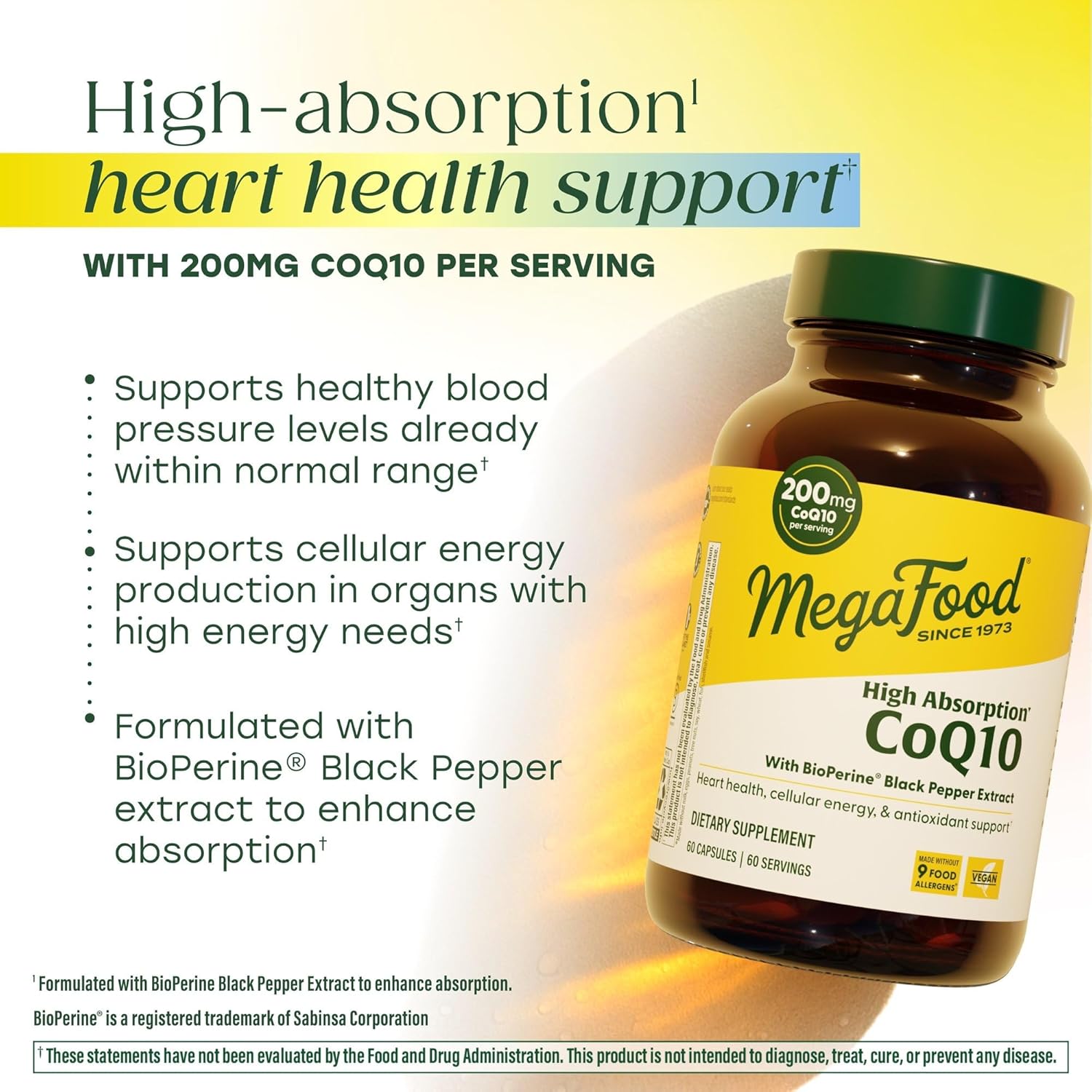 MegaFood High Absorption CoQ10 200mg Per Serving - with BioPerine Black Pepper Extract - Antioxidant Support for Cellular Energy & Healthy Aging - 60 Heart Health Supplements Capsules, 60 Servings