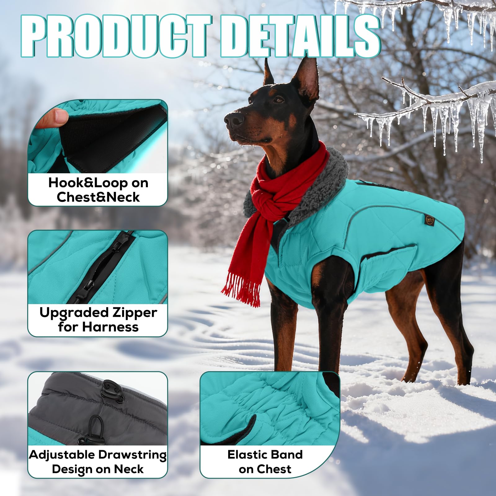 EMUST Abrigos de invierno para perros, ropa gruesa para perros medianos, abrigos para perros de invierno con agujero para arnés, abrigos para perros para clima frío, turquesa, M