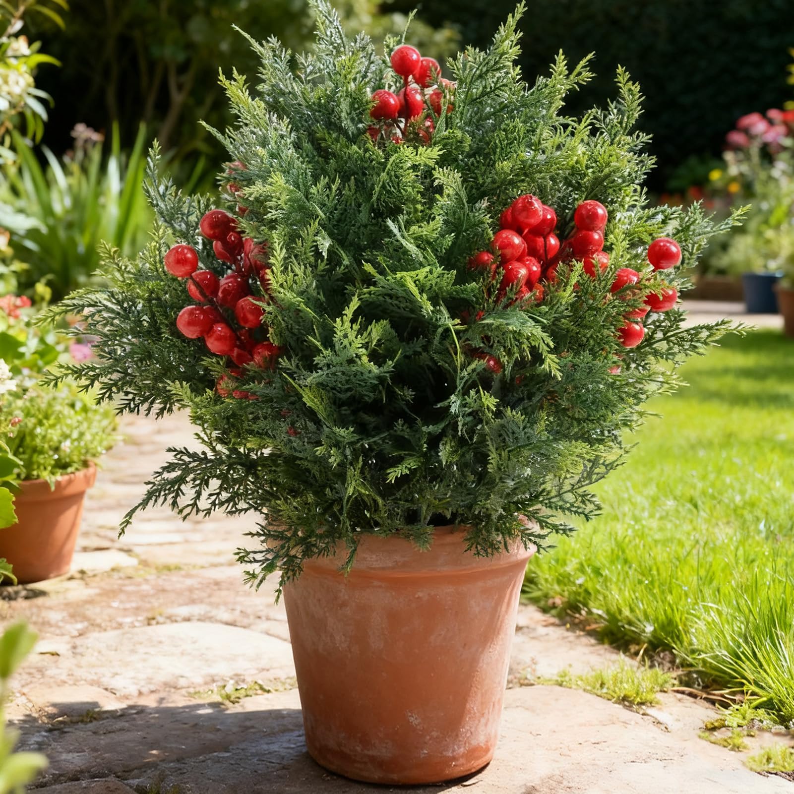 Sonew Confezione da 2 Piante Topiarie di Cedro Artificiale con Punte da 17,7 Pollici per Esterni in Finto PE Verde con Bacche di Schiuma per la Decorazione del Giardino del Portico Tutto l'anno