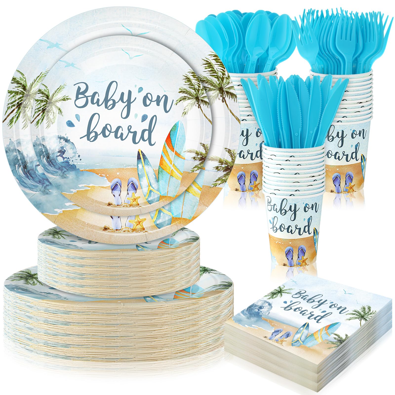 Skybooly 350 Pieces Baby on Board Party Decorations Supplies Tropical Summer Beach Party Tableware Set Baby Shower Party Dessert Plates Napkins Forks
