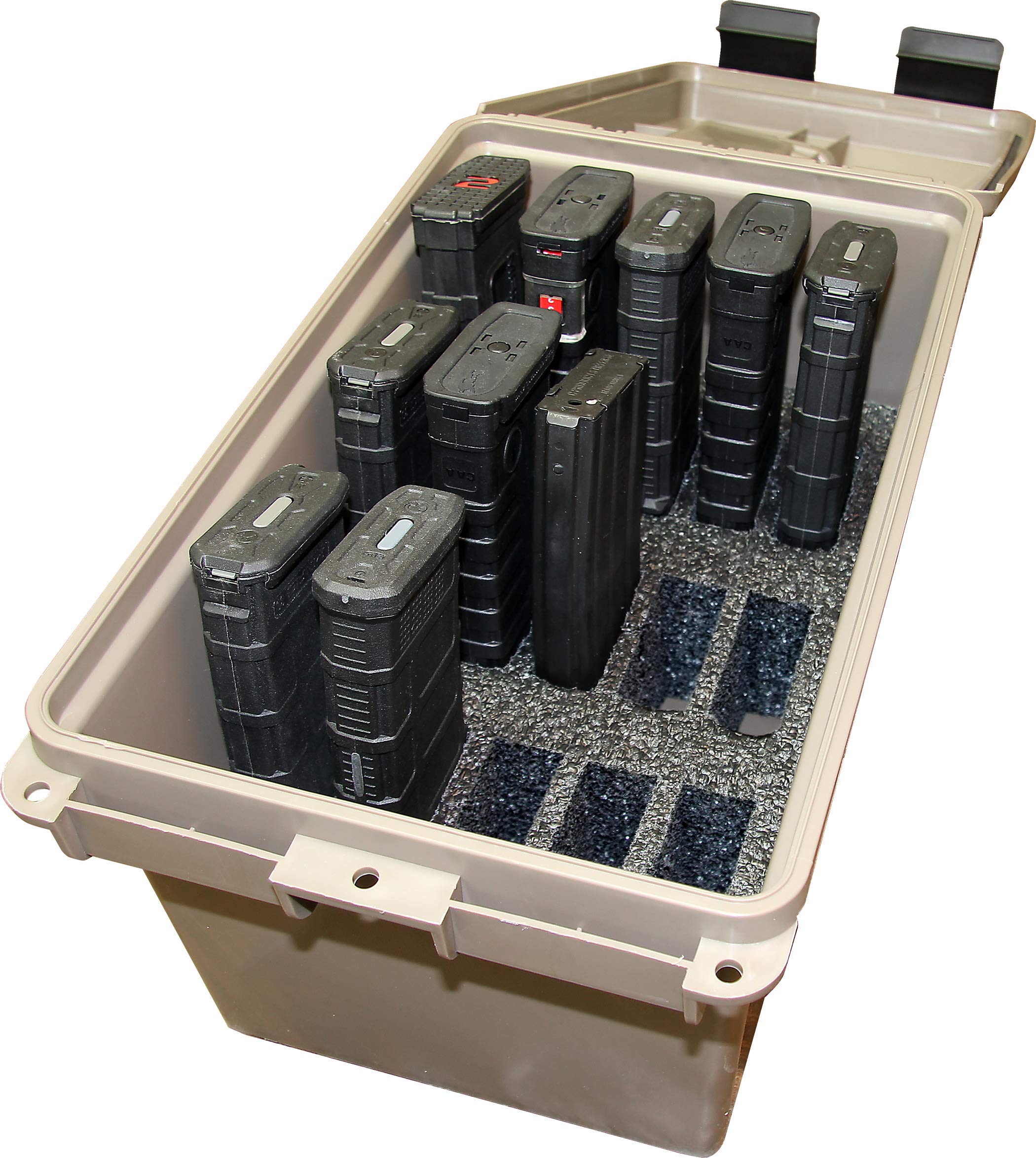 MTM TMC15 Tactical Mag Can, Holds 15- 20 or 30 round 223/5.56 magazines, Stackable design, triple padlock tabbed for security, O-ring seal and solid latching system, Dark Earth