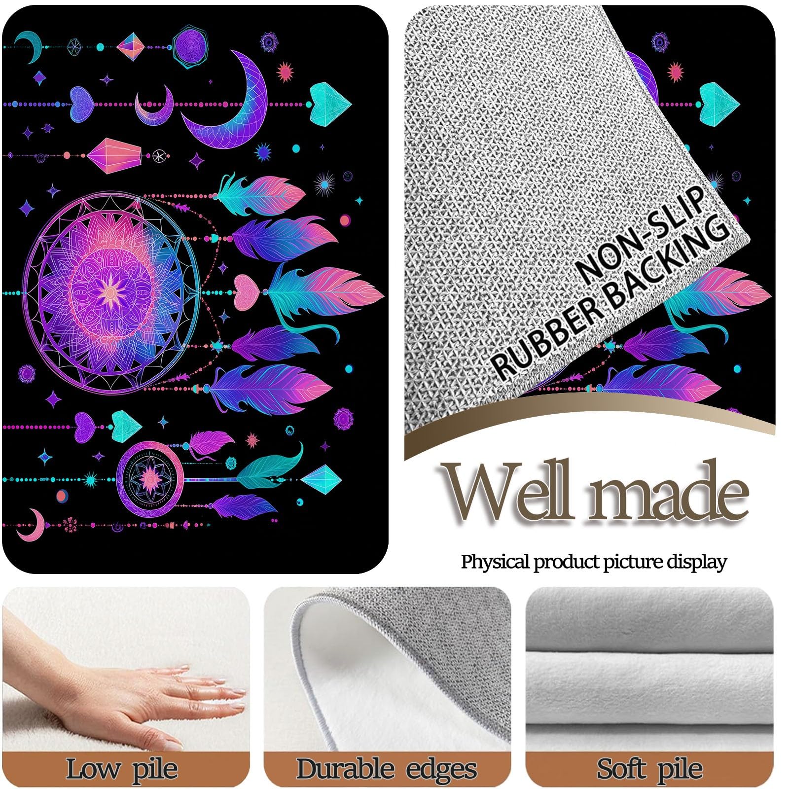 Waschbar Teppich Wohnzimmer 120 x 170 cm, Rutschfester Schwarz Wohnzimmerteppich - Weich Kurzflor Boho Traumhaft Traumfänger Teppiche Matte für Schlafzimmer Esszimmer Home Office Kinderzimmer