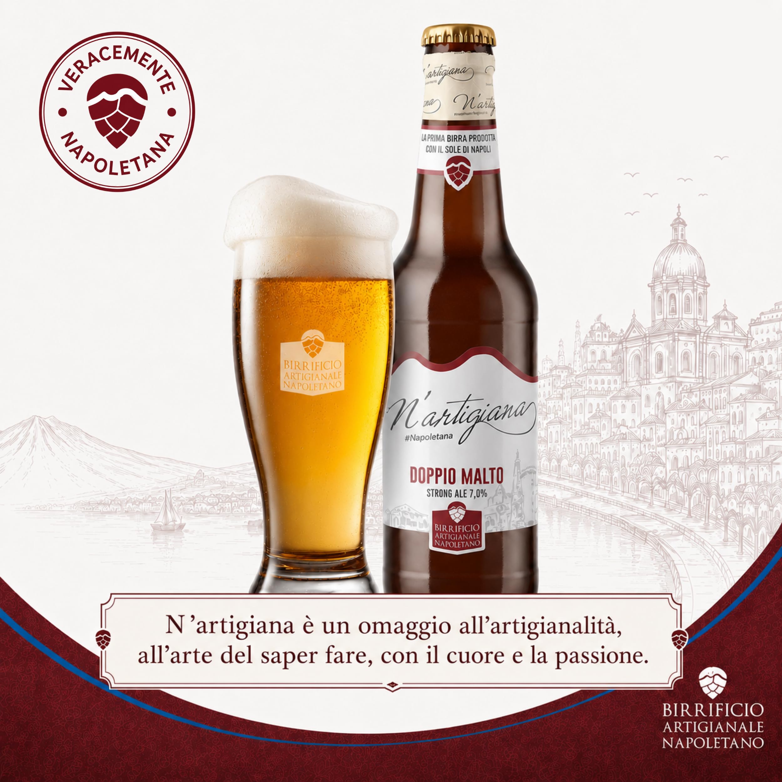 Birra Artigianale N’Artigiana Doppio Malto 66cl | Birra Strong Ale Napoletana con Puro Malto d’Orzo ad Alta Fermentazione | 7,0% Vol | Cassa da 12 Bottiglie