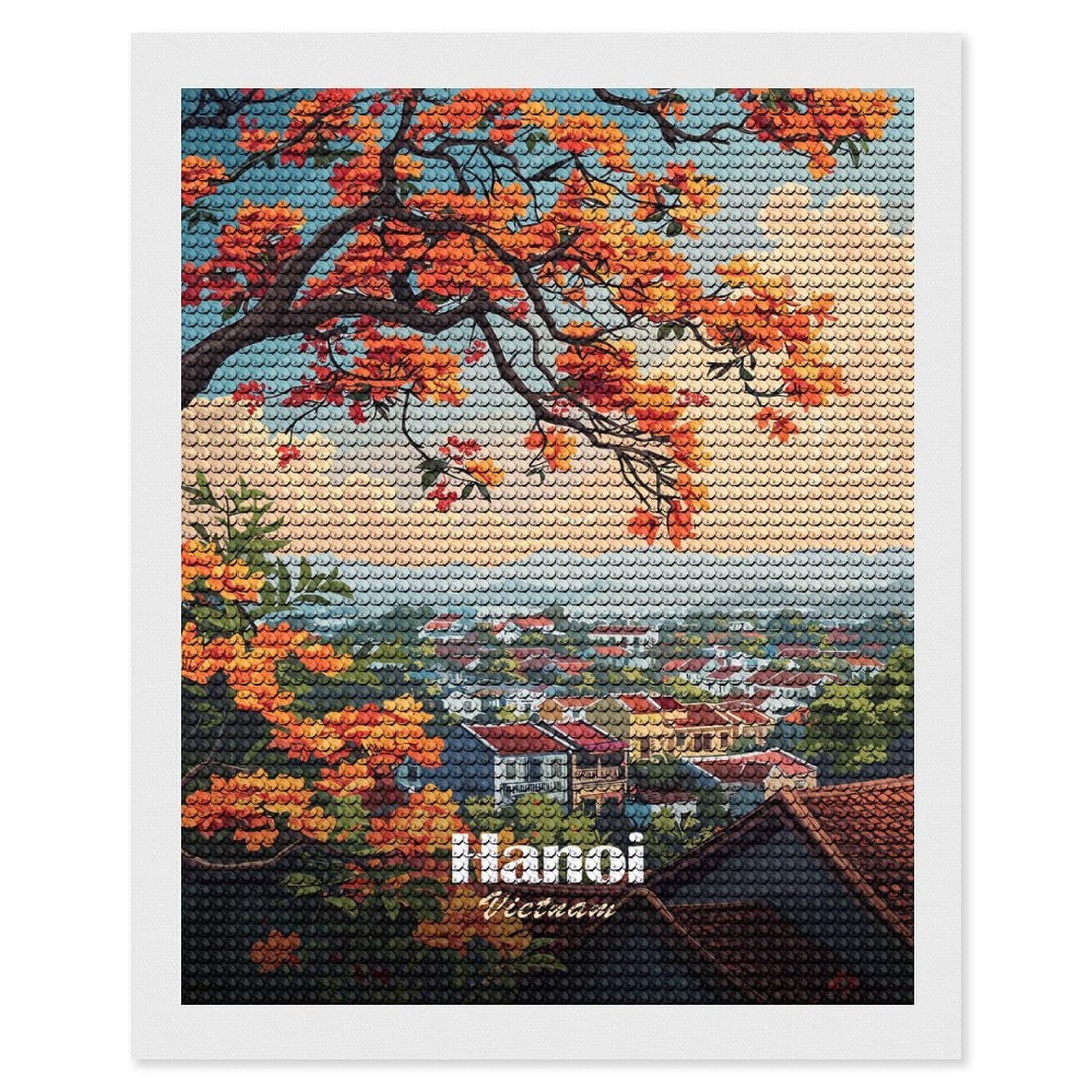 Junmoney Hanoi, Vietnam Cityscape with Orange Flowers Diamond Art Kit 16"x20", Vintage Style Decor, Stress Relief Craft, Decor Project, Relaxing DIY, Creative Hobby