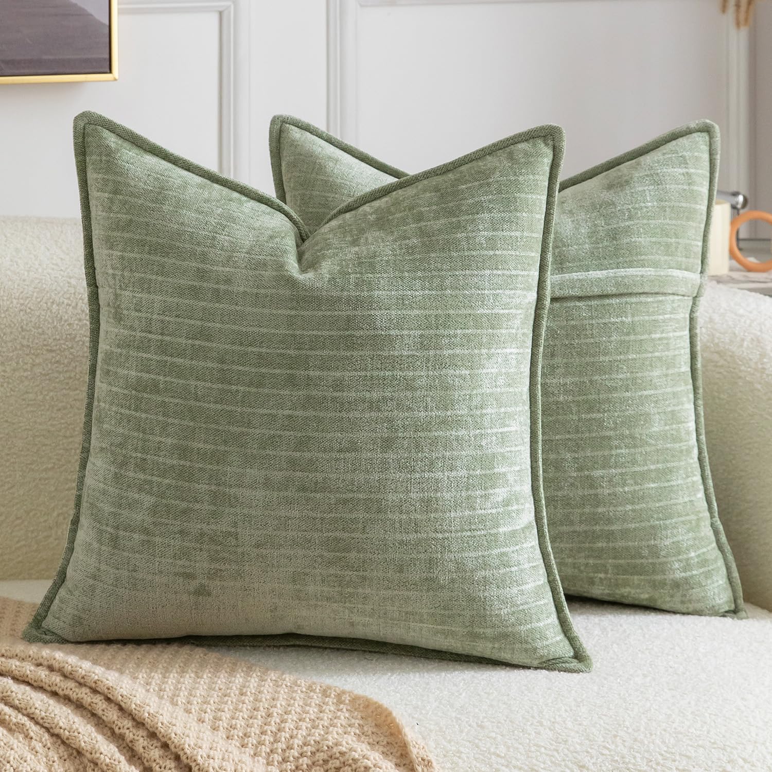 Madizz Pack of 2 Decorative Striped Cushion Covers Vintage Boho Soft Chenille Throw Pillows Luxurious Pillow Cases for Couch Sofa Bedroom Living Room 45x45 CM, Green โ image 1