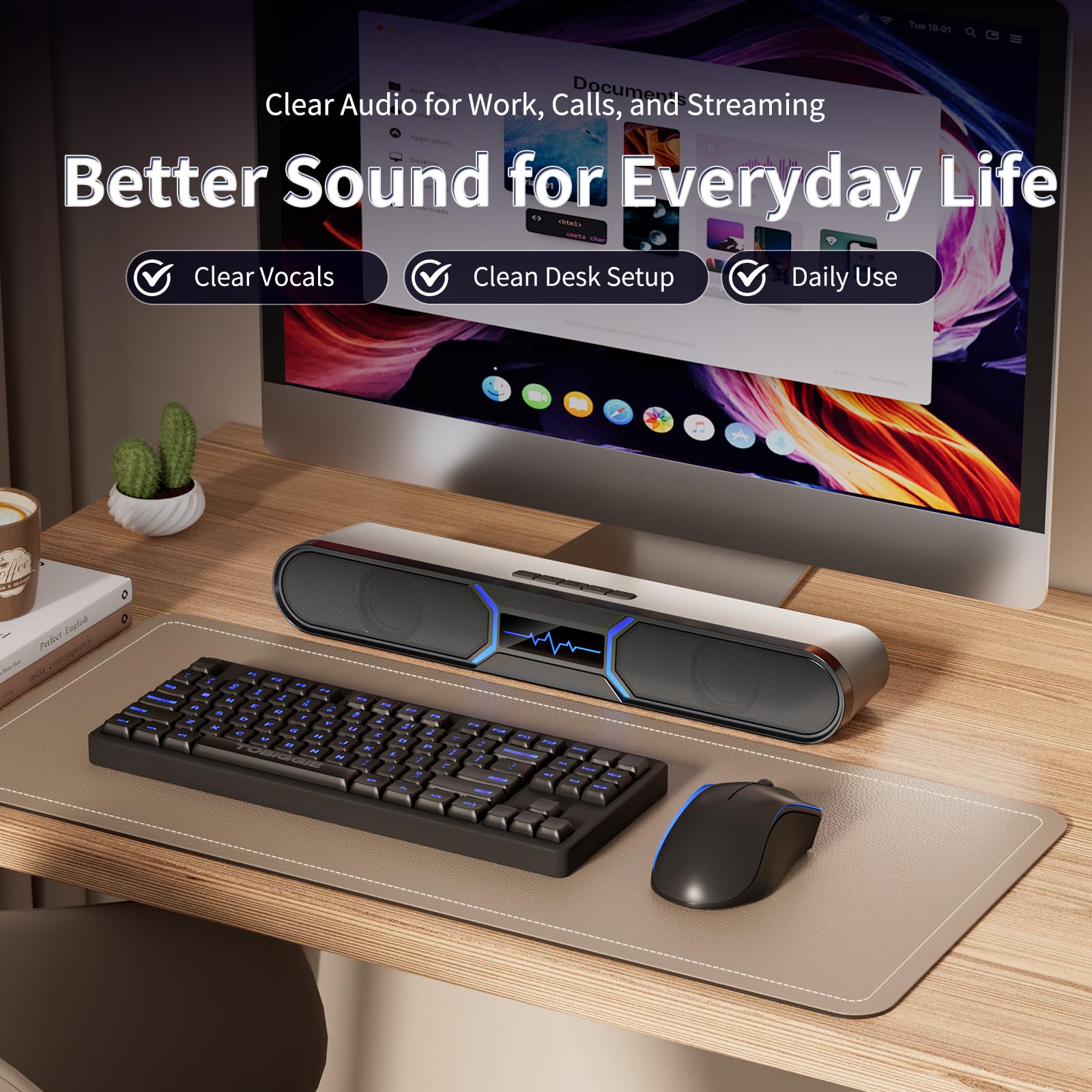 Altoparlanti per computer per PC desktop, soundbar Bluetooth per PC con doppio bass reflex per monitor, altoparlanti da gioco RGB alimentati tramite USB con ingresso cablato, suono stereo per laptop
