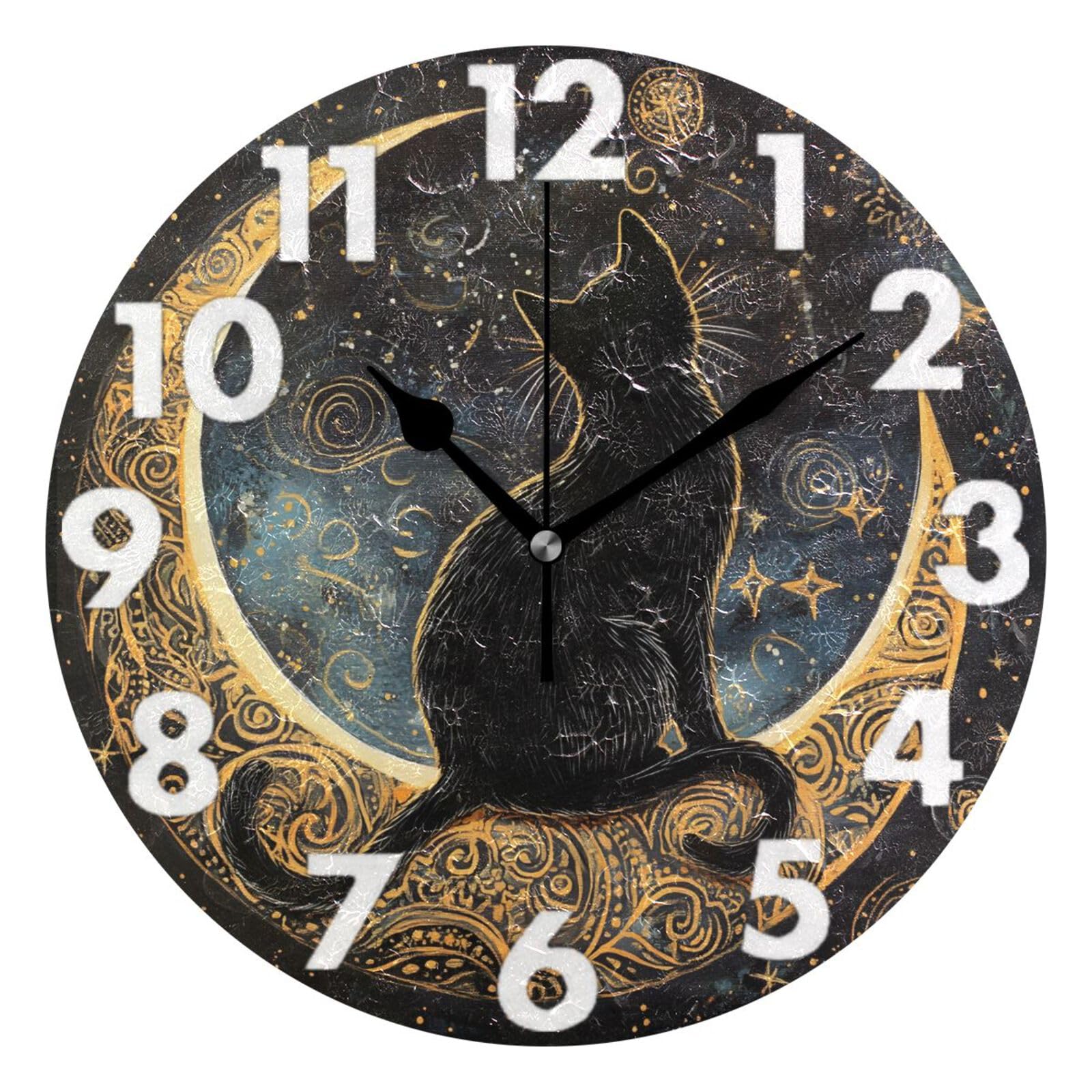 Horloge murale ronde chat noir suspendue pour décoration intérieure