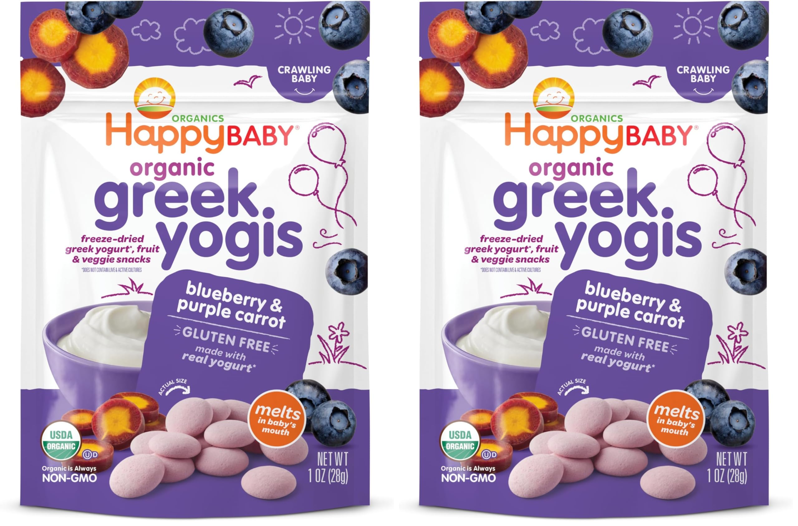 Happy Baby Organics Baby Snacks, Greek Yogis, Freeze Dried Yogurt &Veggie Fruit Snacks, Gluten Free Snack for Babies 9+ Months, Blueberry & Purple Carrot, 1 Ounce (Pack of 2)