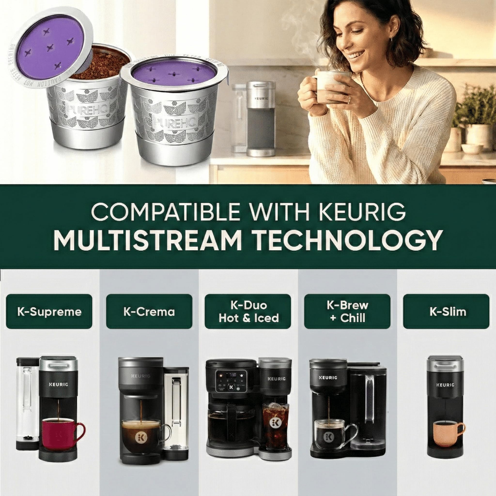 PureHQ - Tazas K reutilizables de acero inoxidable recargables para cafeteras Keurig K Supreme, K-Duo Gen 2 y K Slim, cápsulas de café reutilizables de metal de PureHQ - Filtro de cápsulas de café