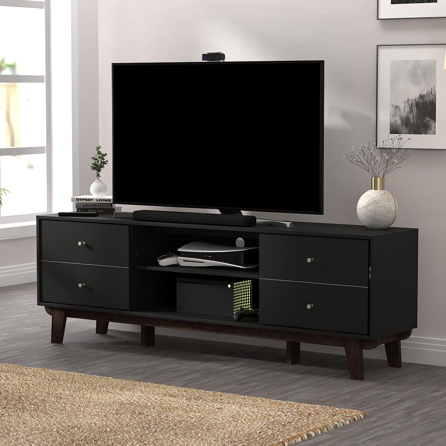 Hillsdale, Kincaid 70 inch Wood TV Stand with 2 Doors and Shelves, Matte Black