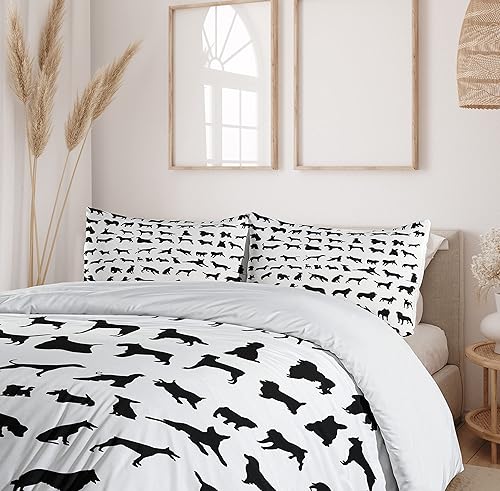 Miniatura 6 de Ambesonne Juego de funda de edredón para amantes de los perros, siluetas de diferentes razas de perros, Chow Chow Shepherd Pinscher Spaniel, juego