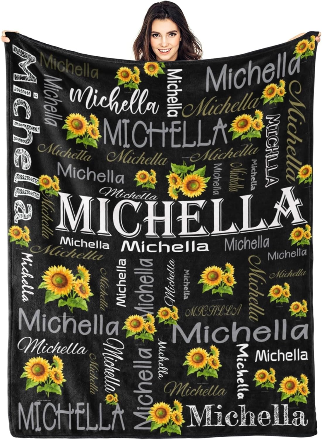 Custom Name Blanket Personalized Name Blanket Customized Throw Blankets with Text Sunflower Blankets Custom Gift for Valentine's Day Mothers Day Birthday Christmas