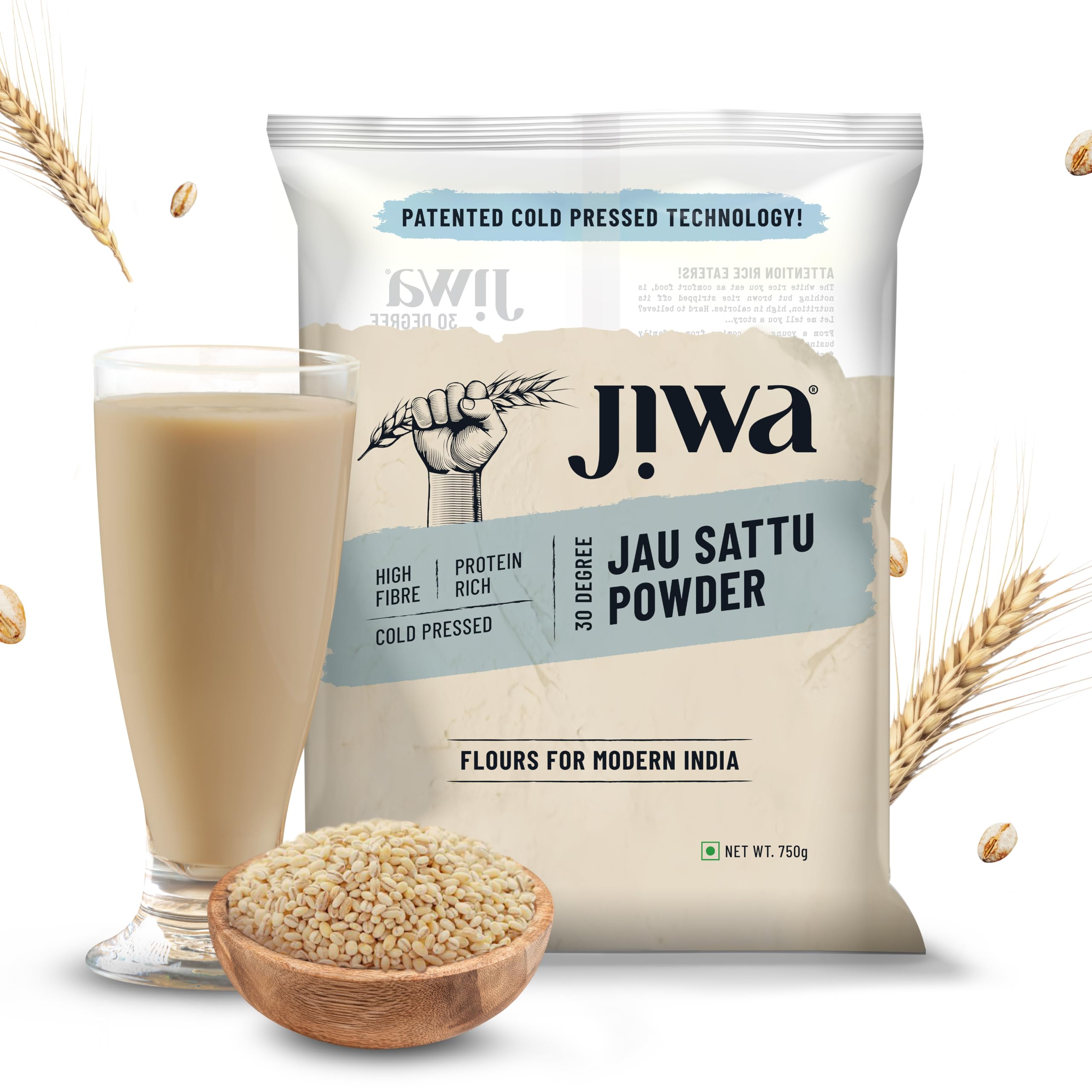 Jiwa 30 Degree Jau Sattu Powder | 750 G | Patented Cold Pressed Flour | Slow Ground | Roasted Barley Atta | High Fibre and Protein | Sattu Drink Powder