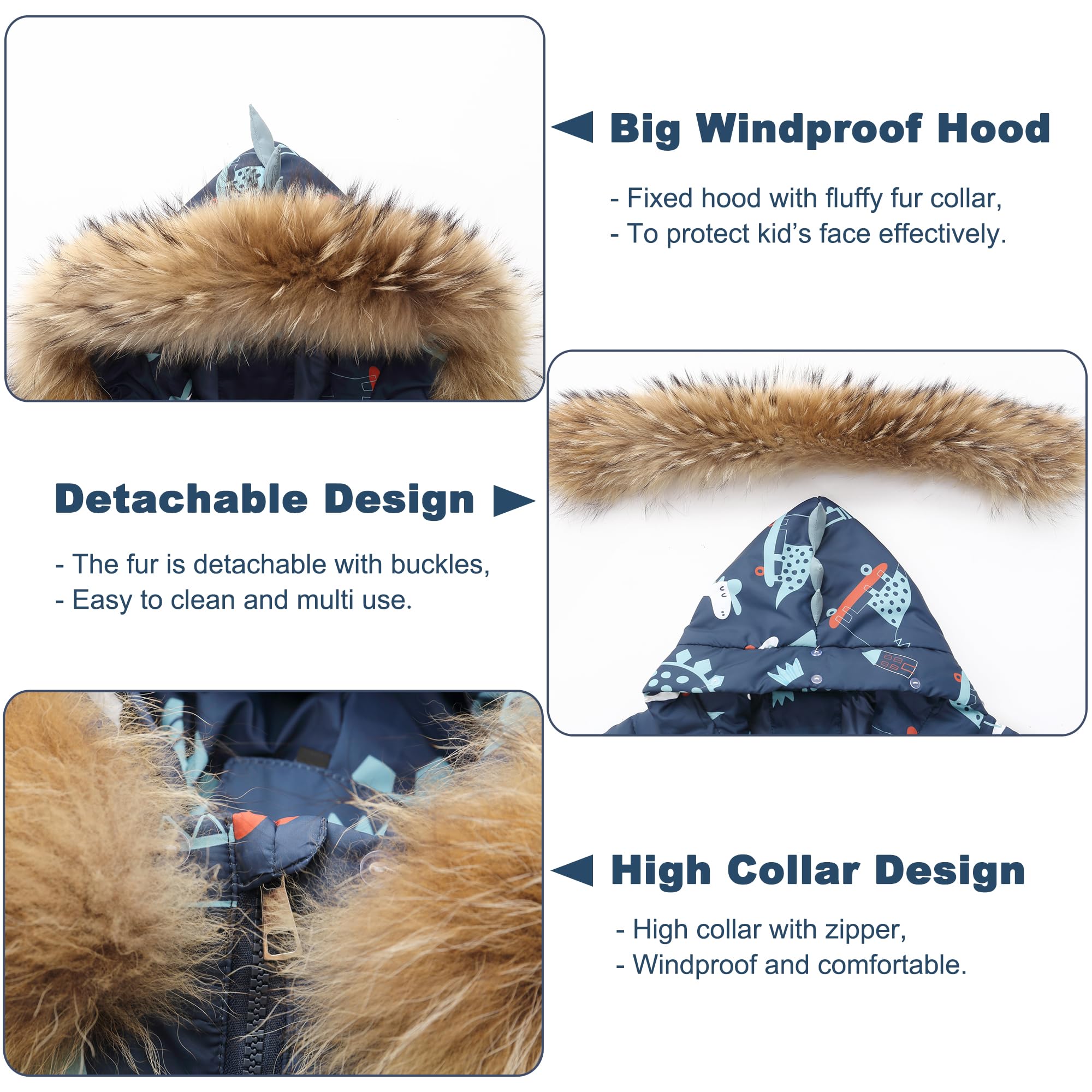 Conjunto de Esquí Niño Niña, Chaqueta con Capucha + Pantalón de Esquí, 2 Piezas Traje de Nieve Abrigos de Pluma Pantalones de nieve Dinosaurio Traje de Esquí