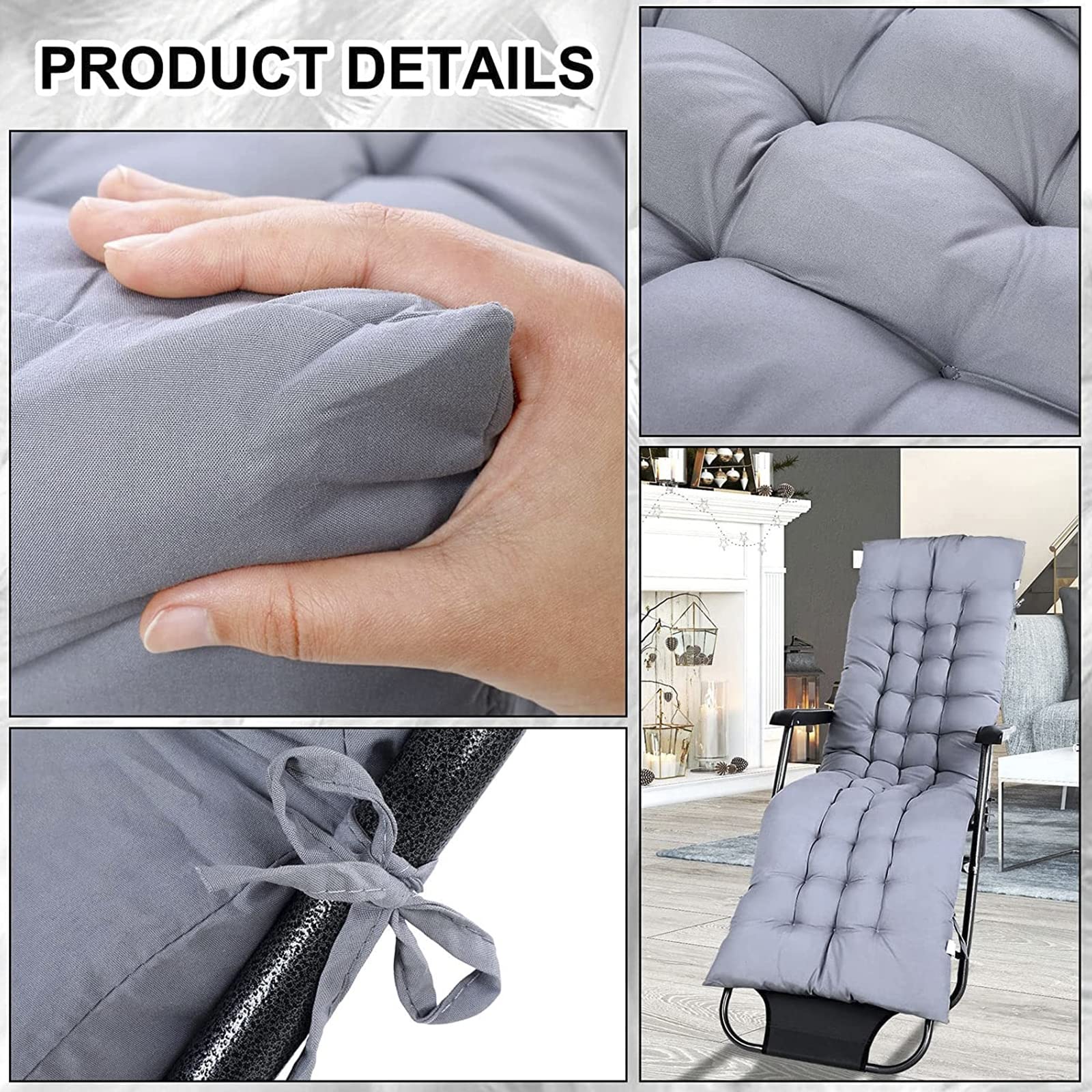 Cuscino Imbottito per Sdraio con Cinghie da Esterno Interno Lavabile Comodo per Sedie Reclinabili 170x48x8cm - Schienale Alto Cuscino Imbottito Cuscini per Sdraio da Giardino,Navy Blue