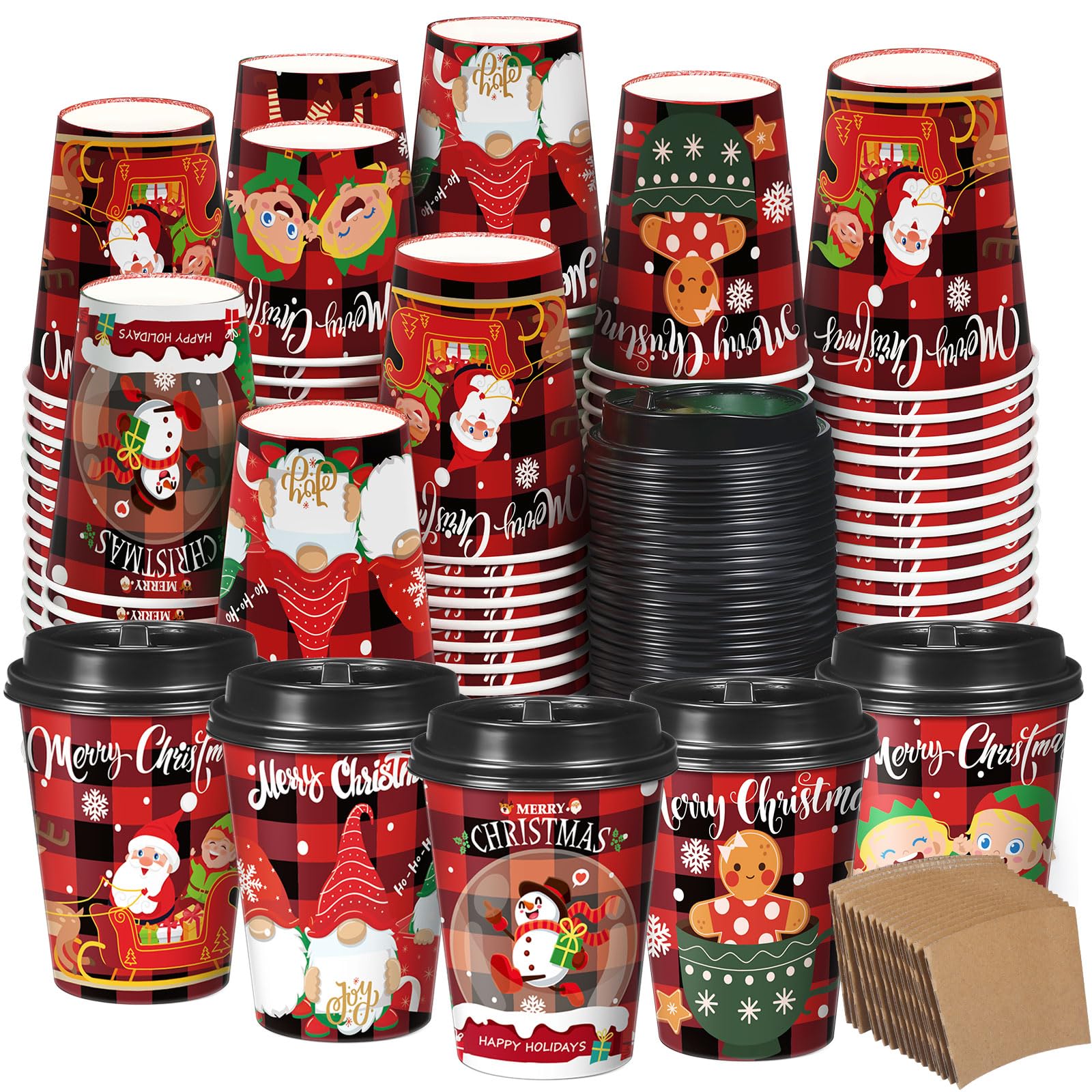 Layhit Set di 100 bicchieri da caffè natalizi in carta con coperchio, 350 ml, usa e getta, motivo albero di Natale, bicchieri per cioccolata calda, per Natale, inverno, vacanze, bicchieri per bevande