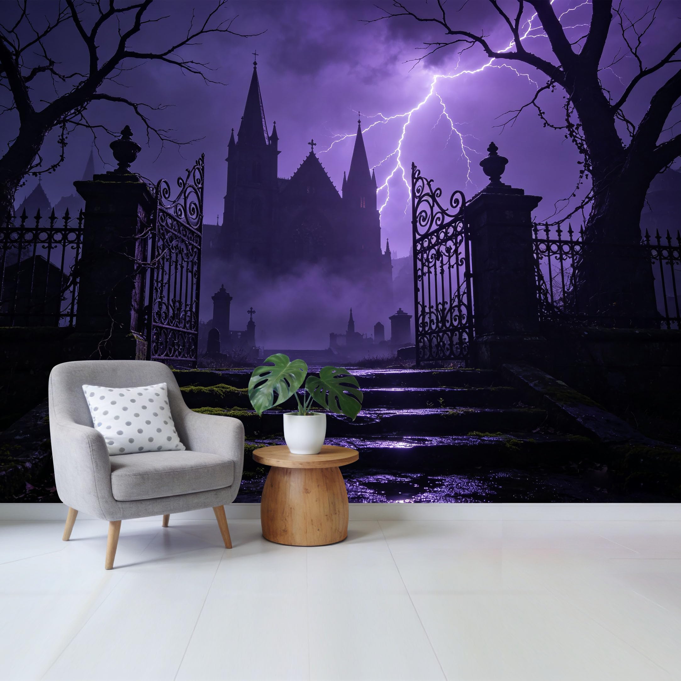Qzlithotic Yq2605250740 Custom Size Wall Mural Purple Lightning Gothic Castle Iron Gate Foggy Landscape 3D Trompe L'oeil Selfadhesive Wall Fabric Removable Wallpaper For Home Office Decor