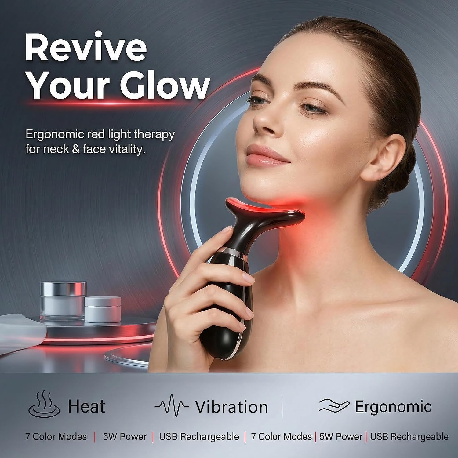 New Red-Light-Therapy-for-Face and Neck Massager,7 Colors Adjustable Vibration and Thermals,Womens Skin Rejuvenation Lifting Facial Massager Tool for Toning,Glow Boost,Wrinkles(Black)