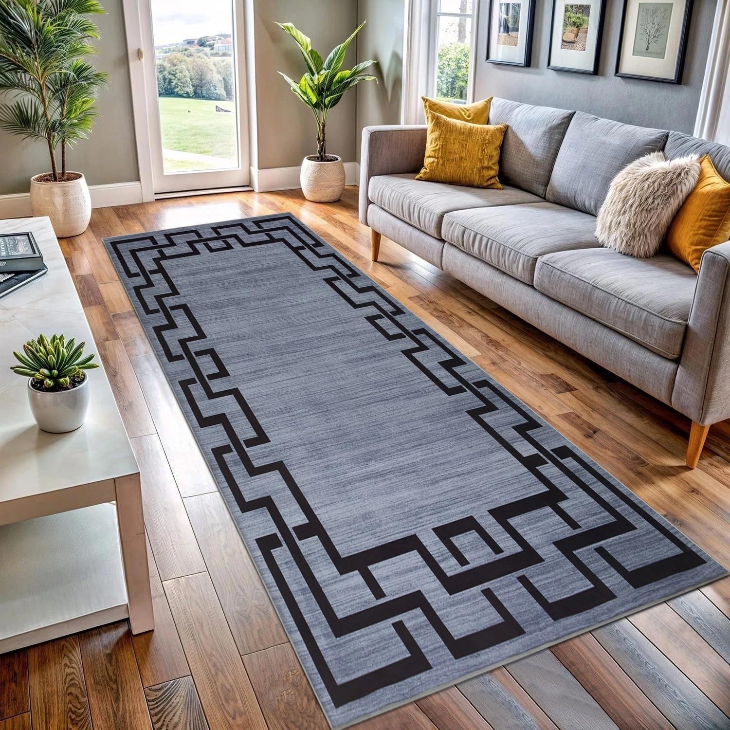 BedLooms Runner Rugs for Hallway 60x220 cm Greek Key Pattern Carpets living room Printed Black and Grey and Black ey Runners for Lounge Office Bedroom (Nico)