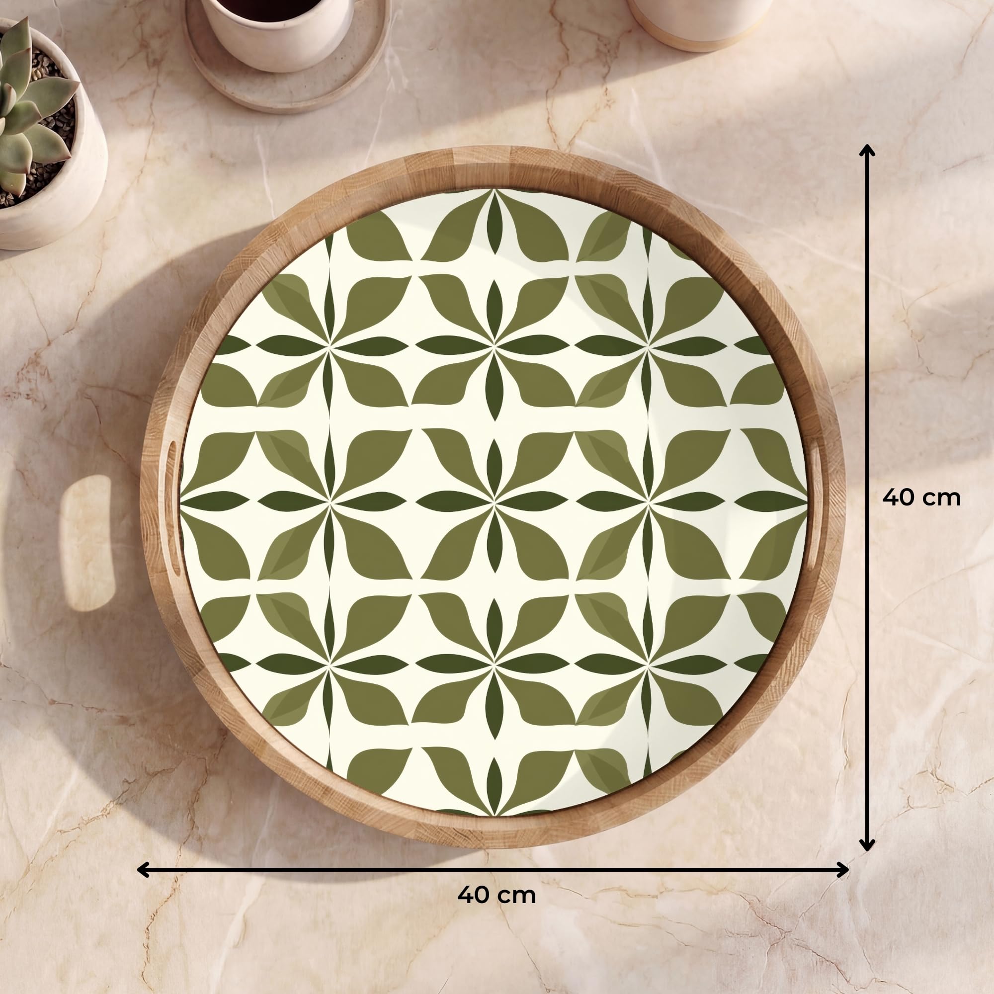 Bandeja Madera De Roble Redonda 40x40 cm Bandejas Desayuno para Servir Comida Cocina Resistente Al Calor Cafe Tray Tabuleiro Botánico - Retro - Verde
