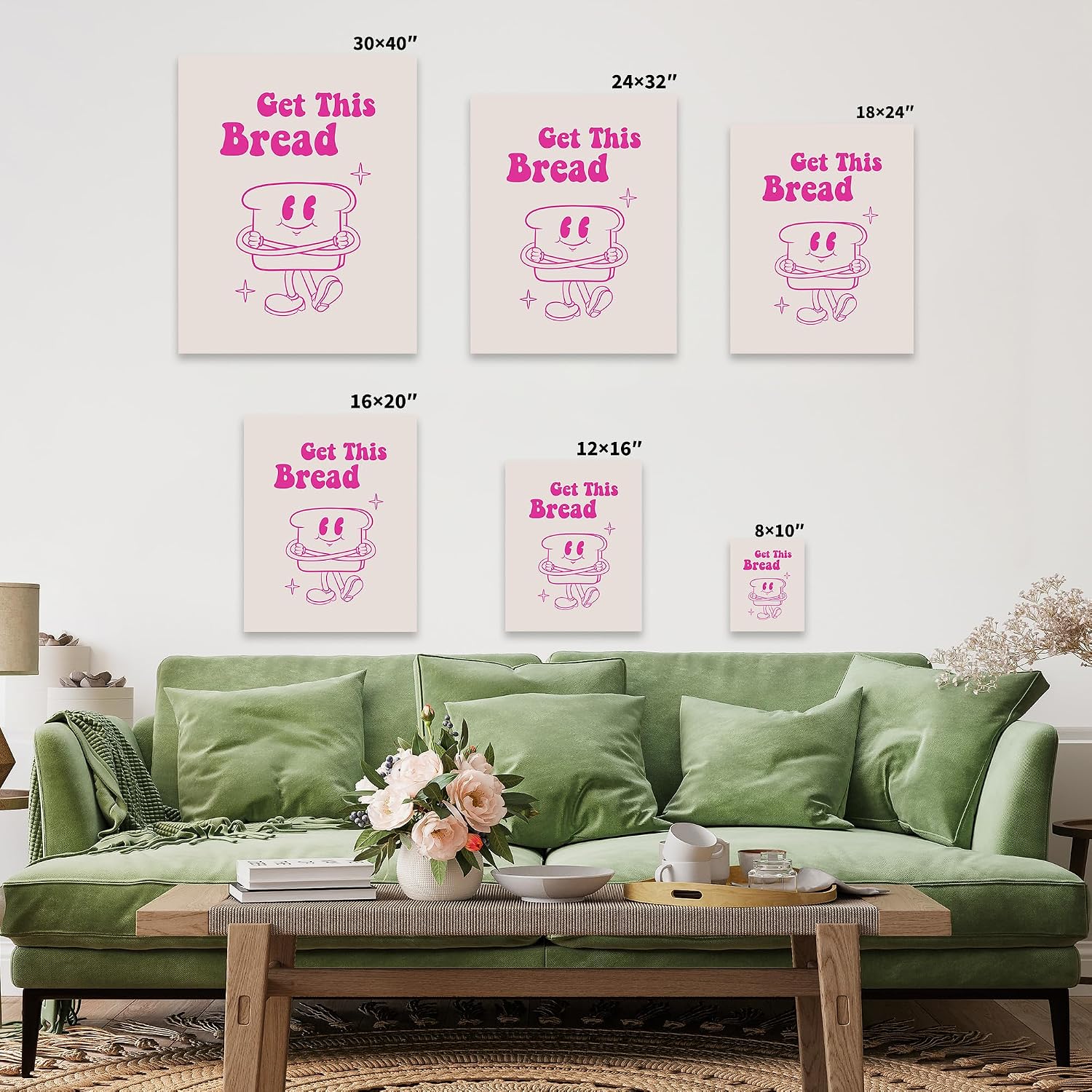 Poster Master Get This Bread Canvas - Retro Bread Print - Groovy Art - Pink Preppy Wall Design - Funny Kitchen or Dining Room Wall Decor - 8x10 STRETCHED Canvas