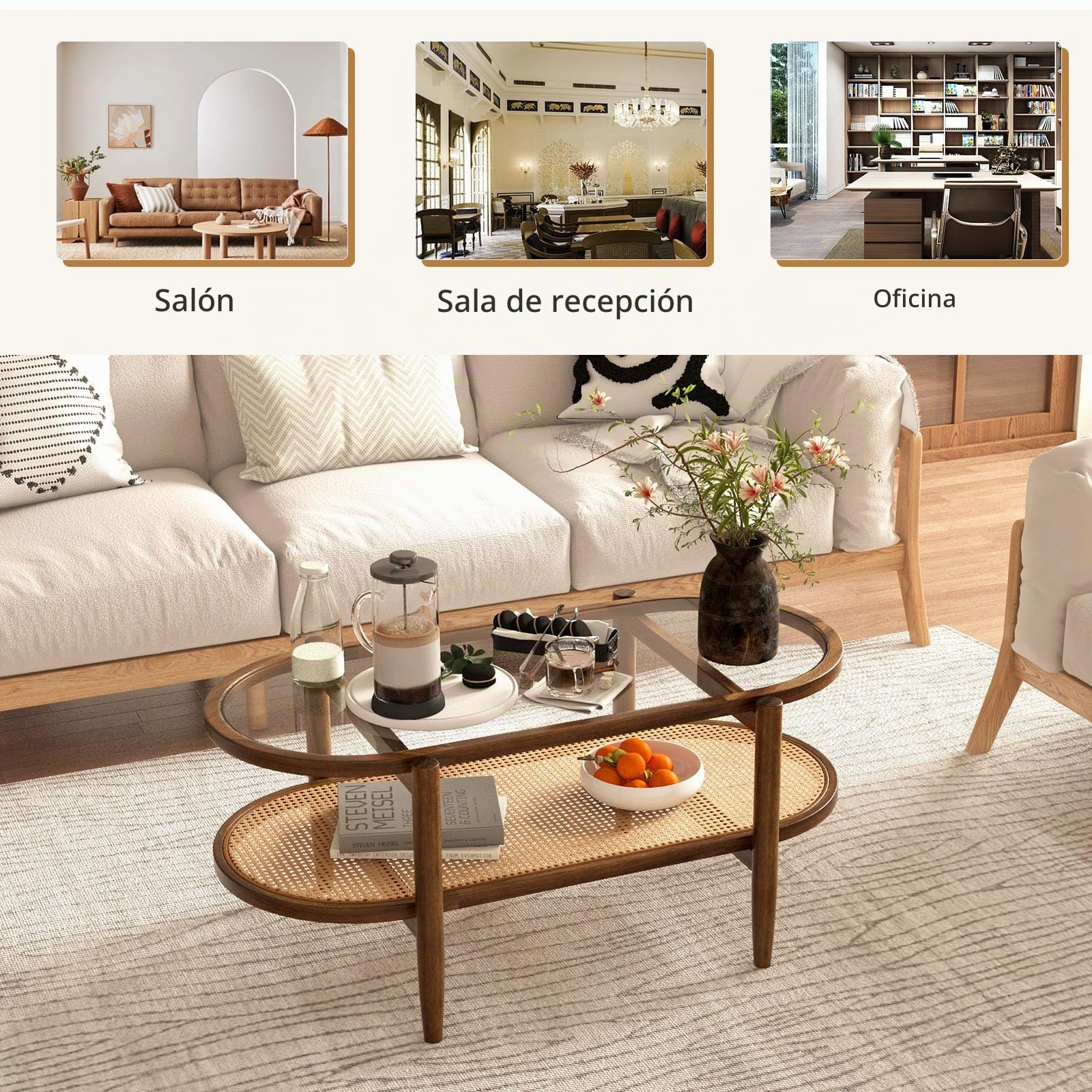 LIFEZEAL Mesa de Centro de Cristal y Madera Maciza Con 2 Niveles - Ovalada Con Ratán para Salón, Dormitorio, Oficina - 102x46x47cm