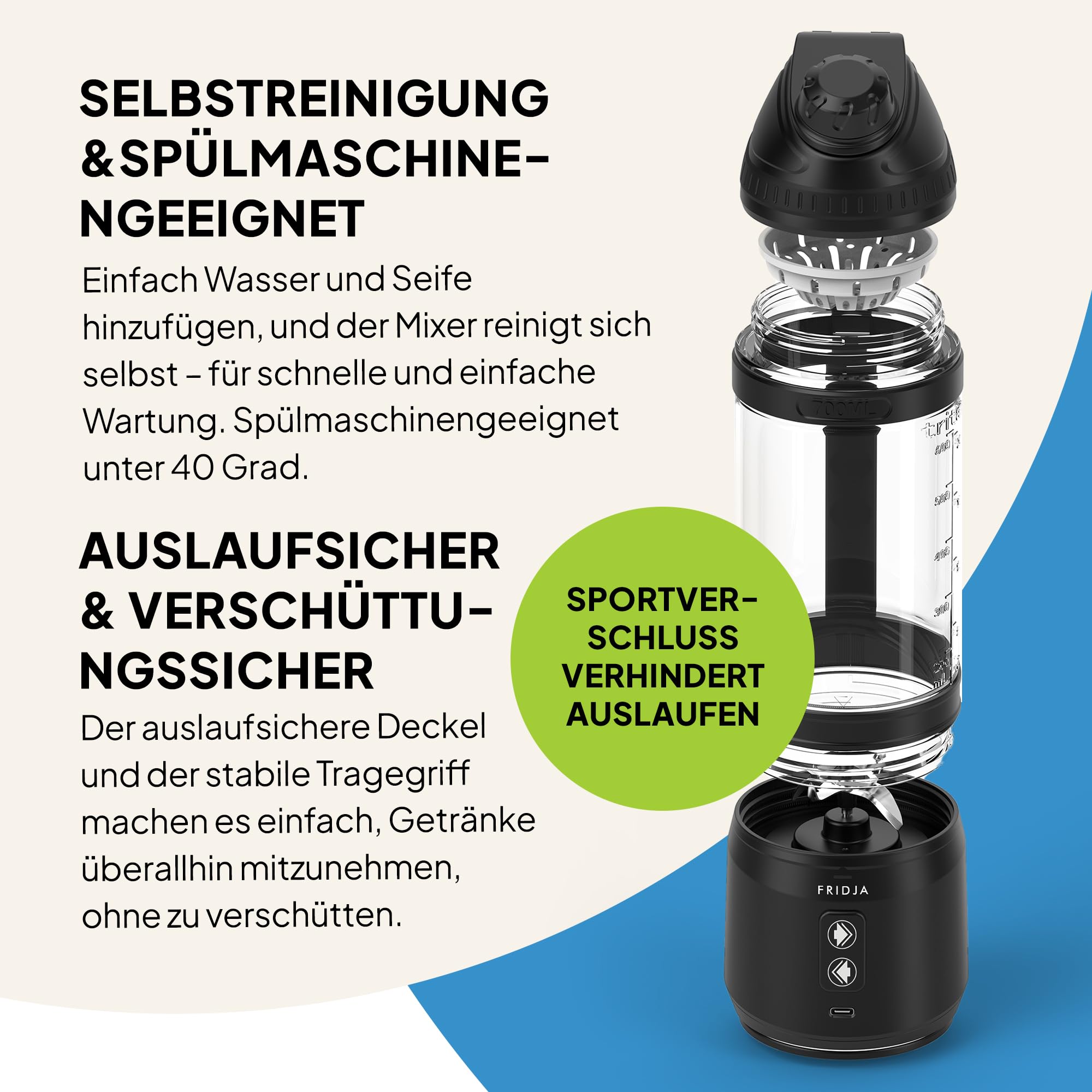 Fridja F500 Tragbarer Mixer – Premium USB-C wiederaufladbar, auslaufsicher & kompakt – BPA-frei, 6 gezackte Edelstahl-Klingen, 240W, 700 ml – Ideal für Smoothies, Proteinshakes, Reisen & Fitnessstudio