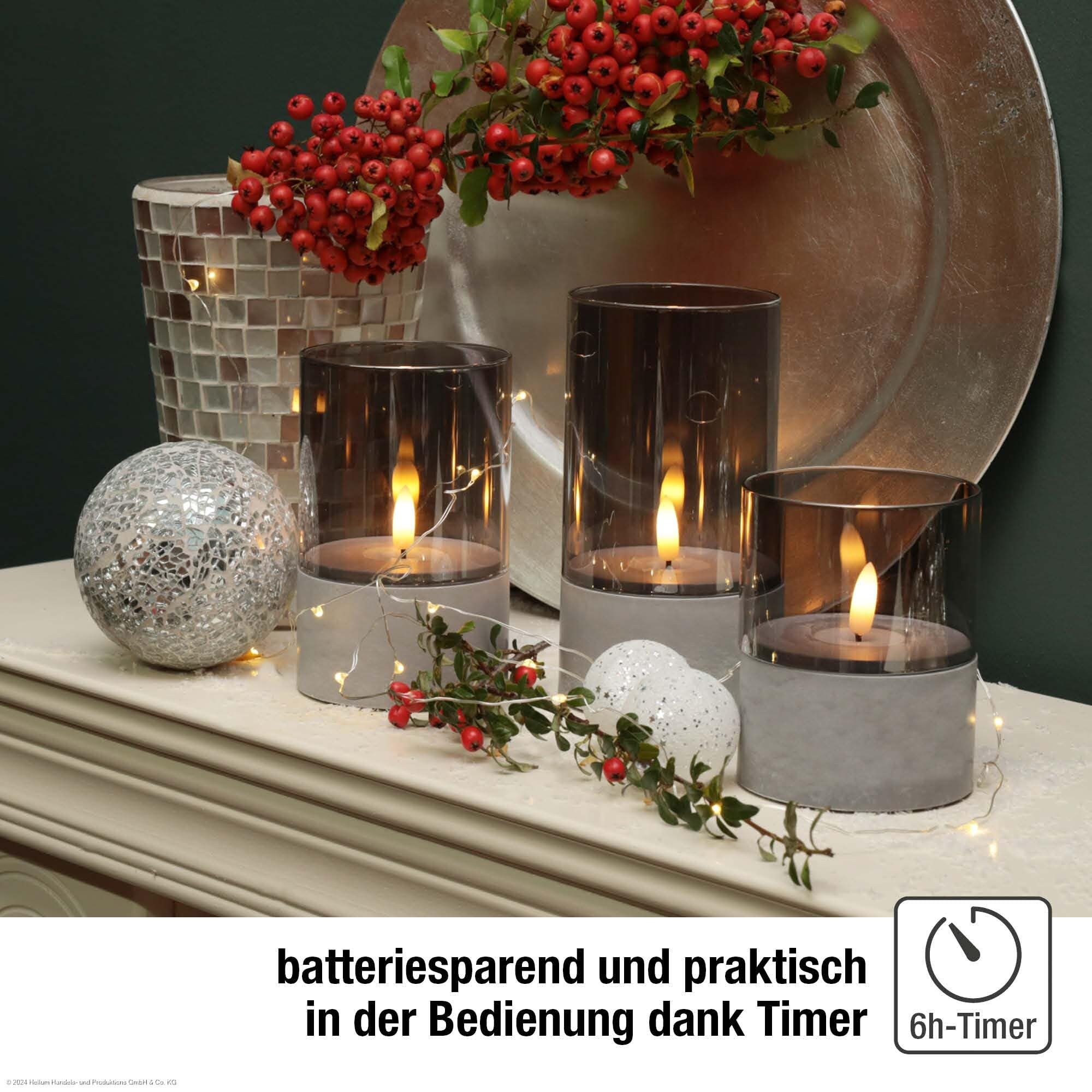 hellum LED Kerzen mit Timerfunktion, 3er Set LED Stumpenkerzen Outdoor, flackernde Flamme, Grau Ø 8 cm, Höhen 10/12,5/15 cm, 6h-Timer, batteriebetrieben (6x AA, nicht inkl.) 151992