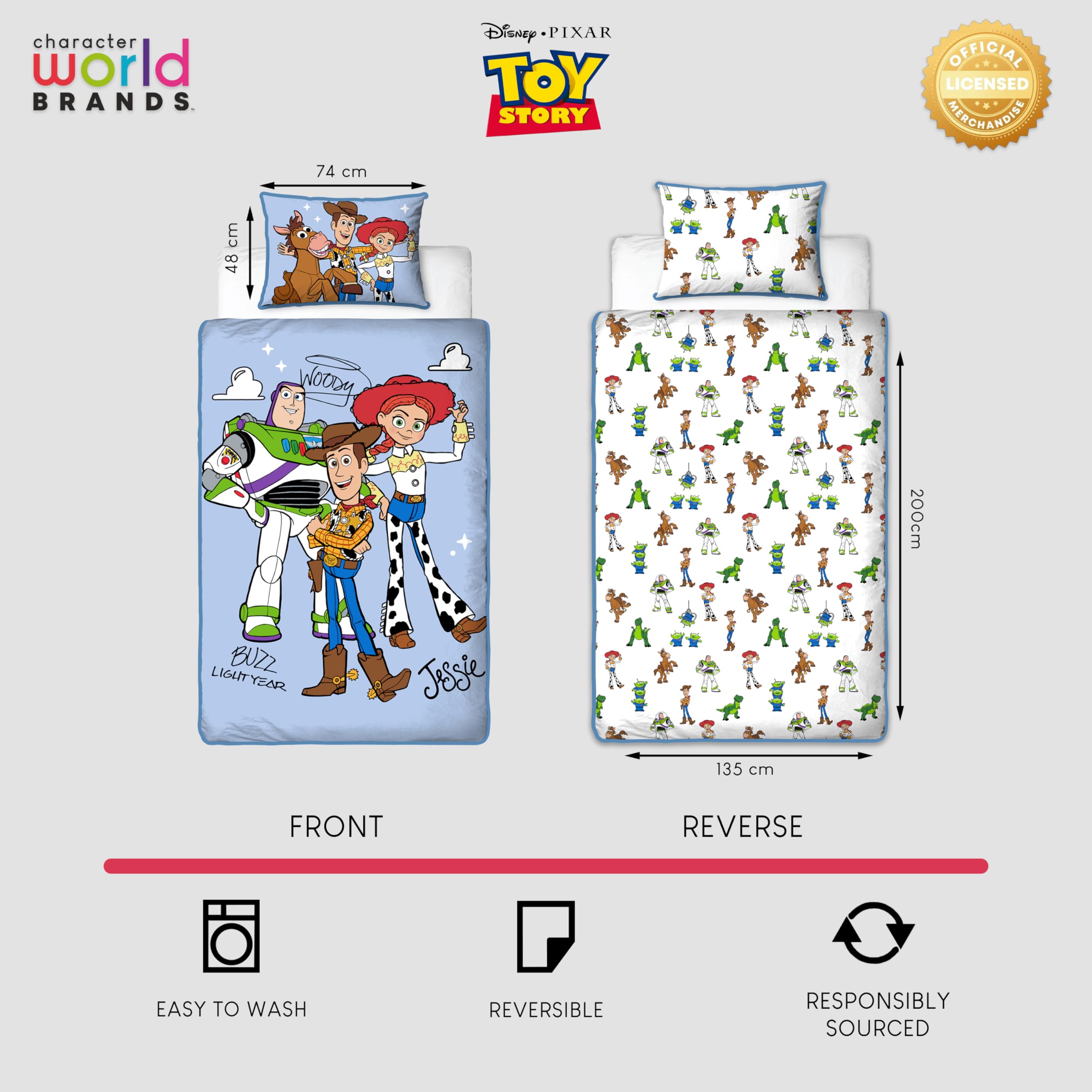 Disney Toy Story Housse de Couette Enfants Simple Officielle | Literie réversible 2 Faces avec taie Assortie | Design Explore avec Buzz, Woody, Jessie | Polycoton