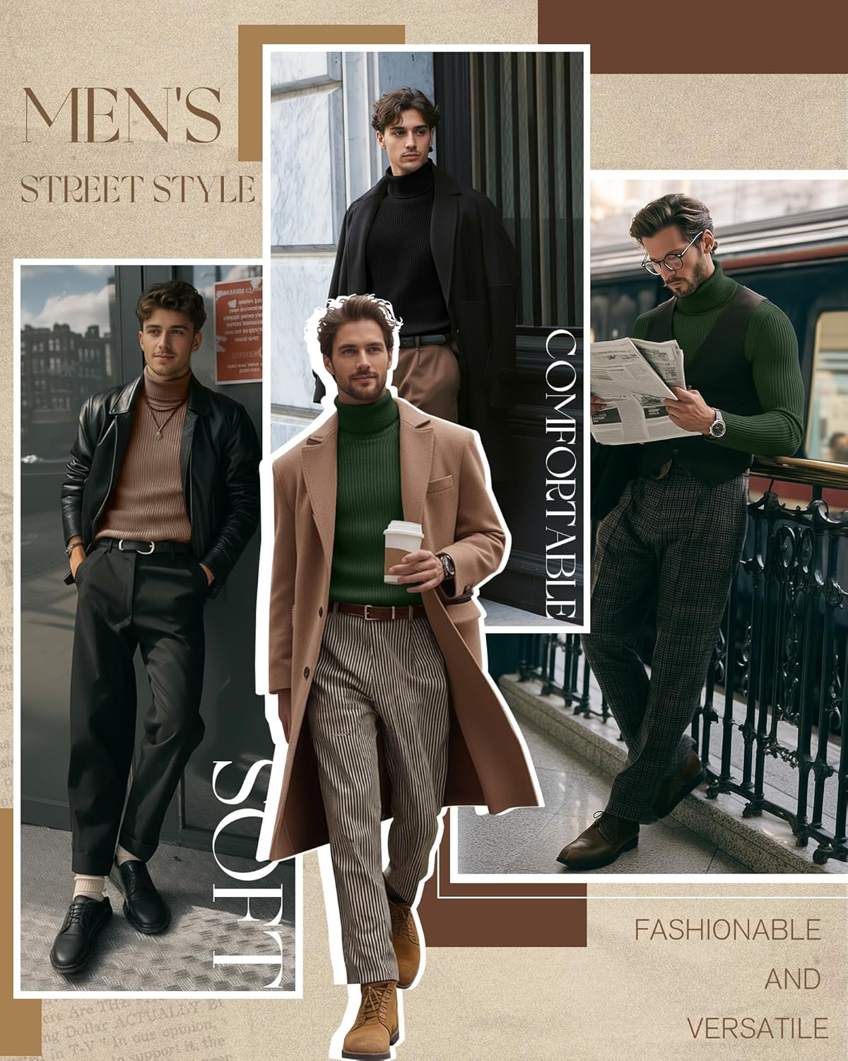 3 Pack Men's Big and Tall Ribbed Turtleneck Shirts, Long Sleeve Cotton Pullover Sweaters Mock Neck Slim Fit Tee Tops - Image 4